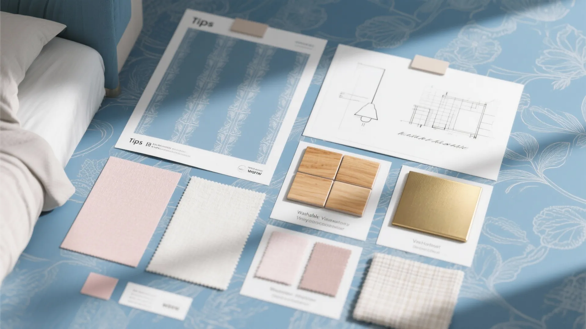 Flatlay of blue wallpaper swatches, wood and metal finish samples and lighting notes for bedroom tips.