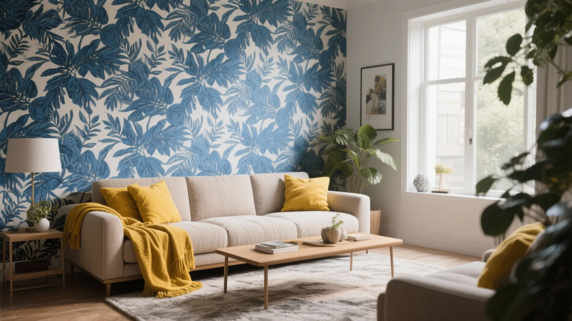 6. Patterned Blue Wallpaper with Yellow Throws