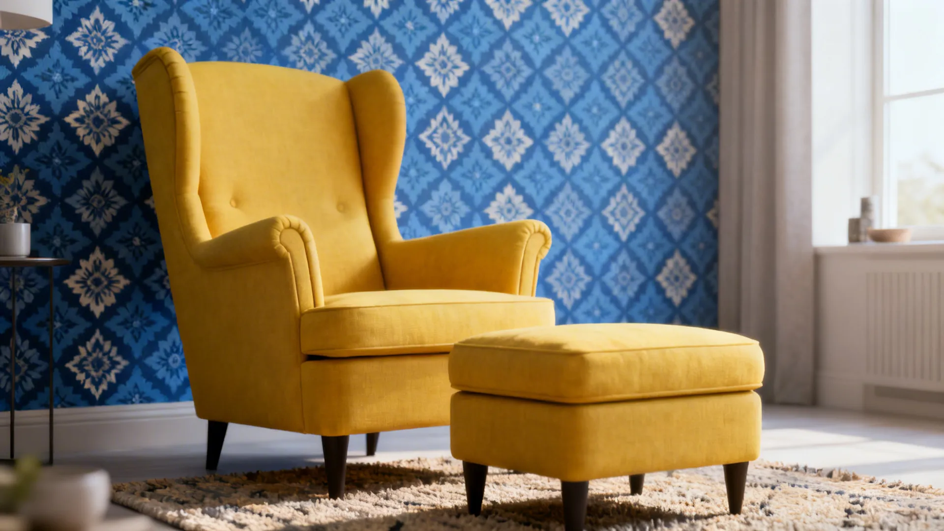 Patterned blue wallpaper with a solid lemon-yellow armchair in front