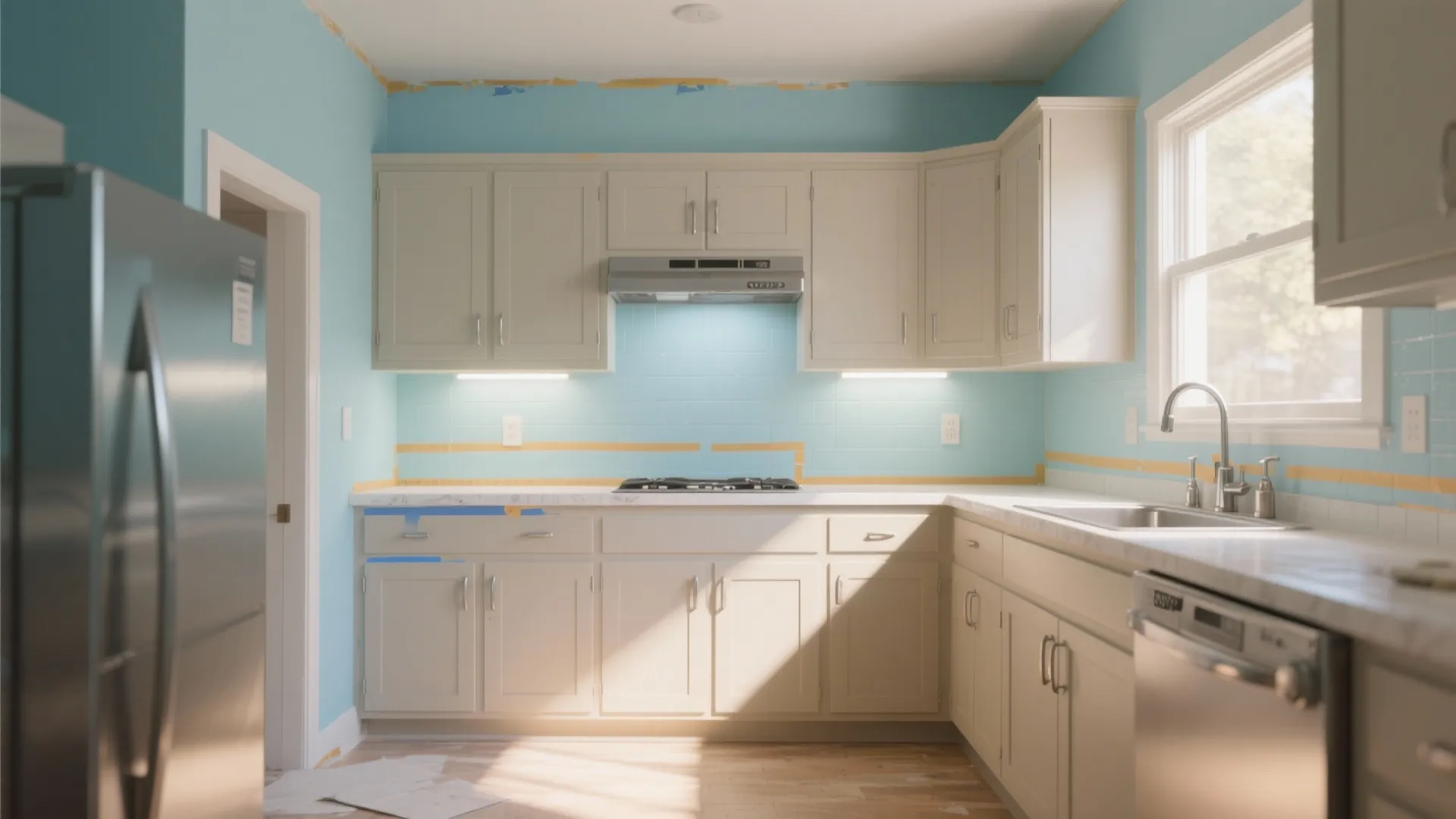 5. Light Blue Walls with Neutral Cabinets — A Cost-Effective Refresh