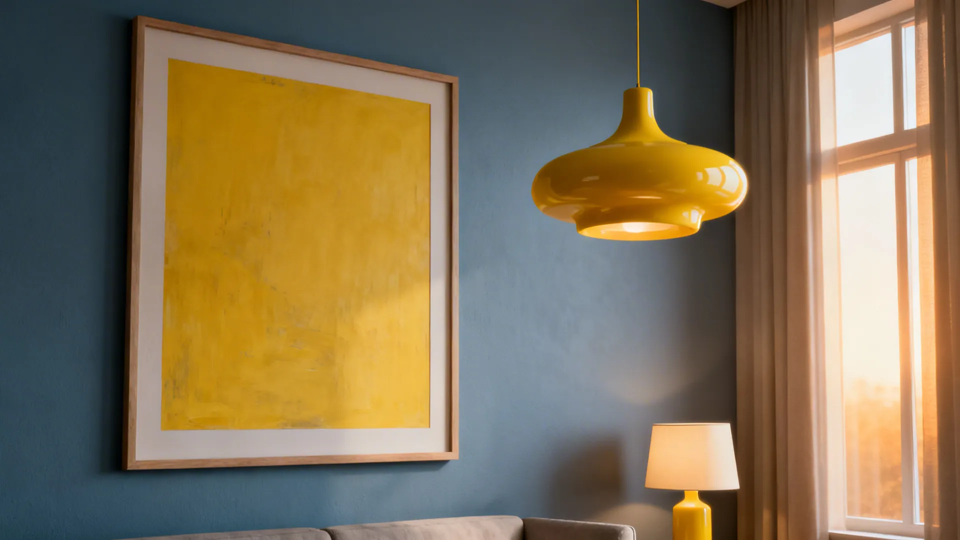 Muted blue wall with yellow framed art and warm yellow pendant lighting