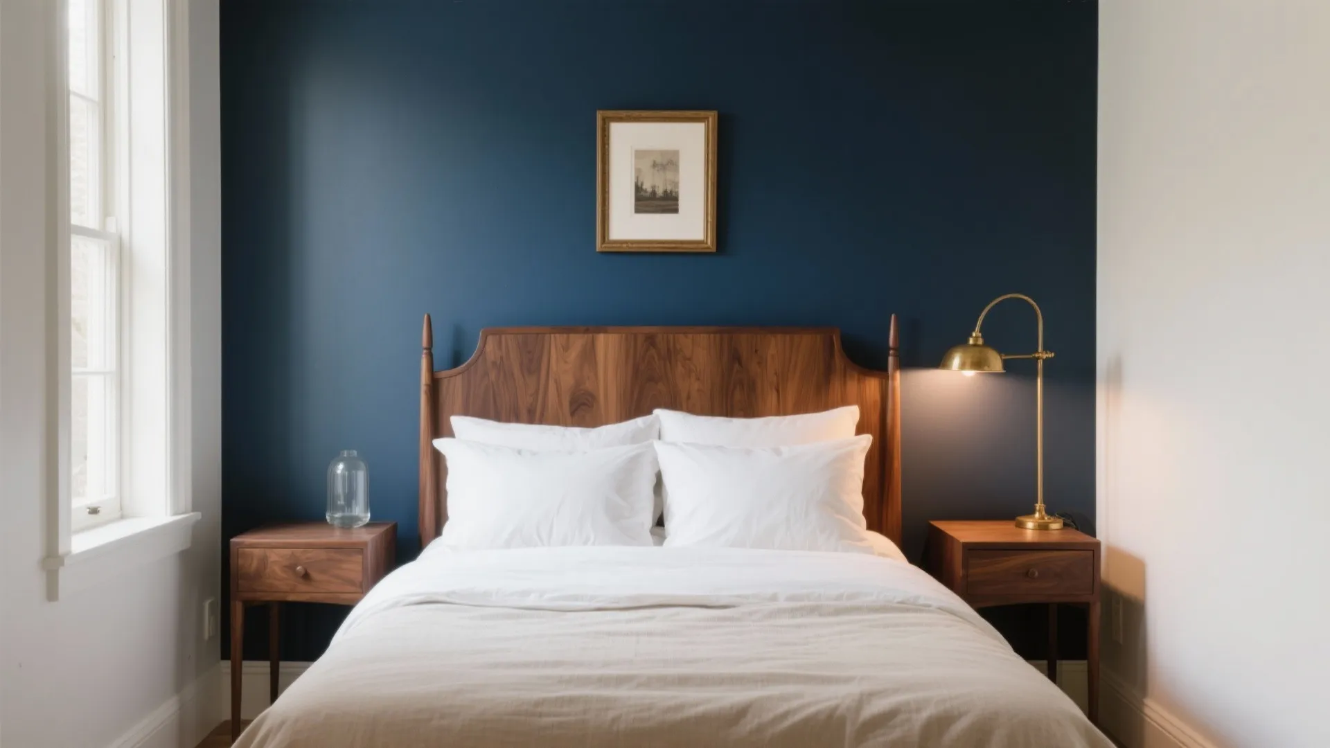 Modern bedroom with dark blue wall wooden bed white bedding gold lamp and wooden tables