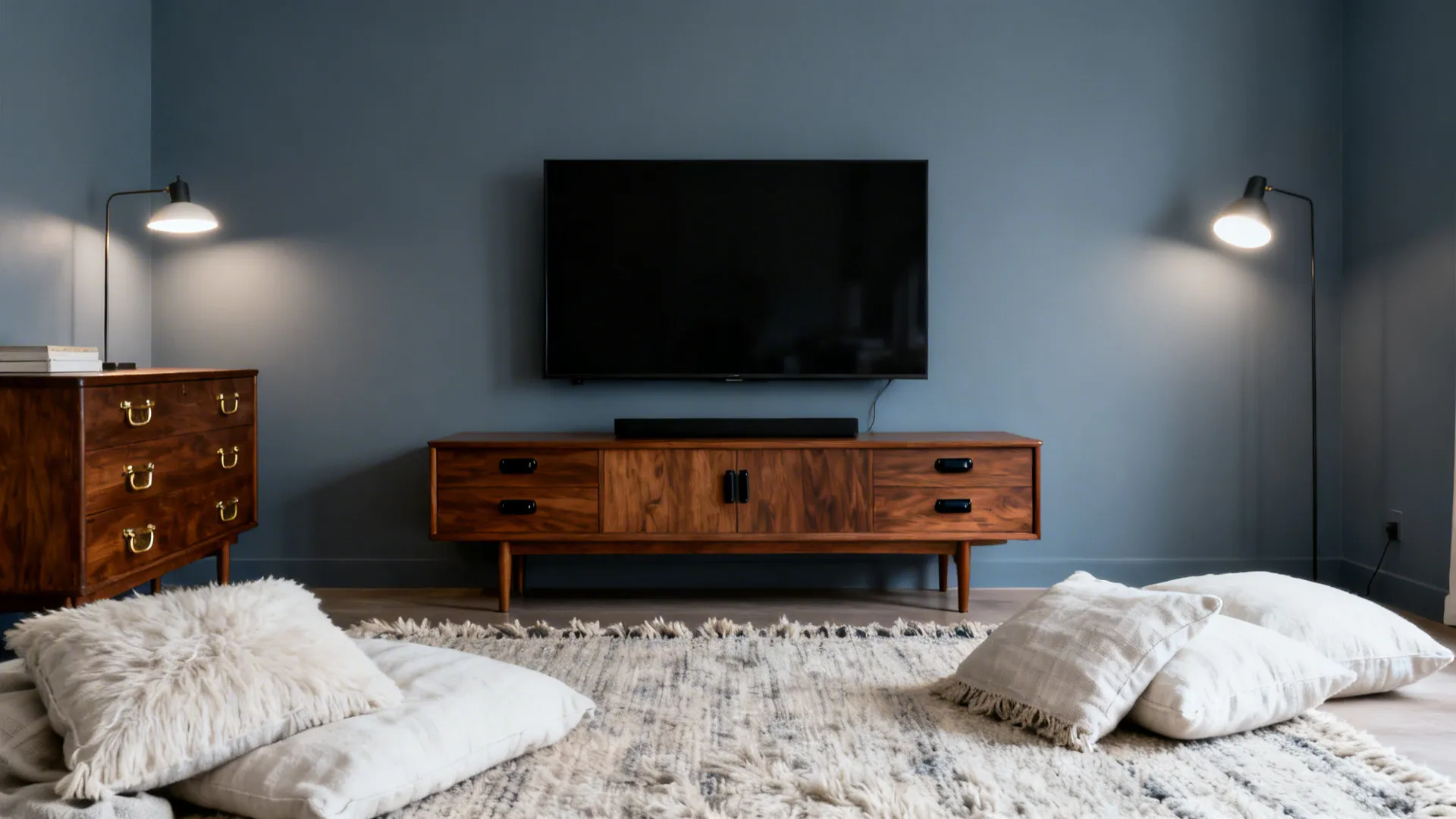 Desaturated blue-gray media wall with walnut console and sideboard, styled with off-white textiles.