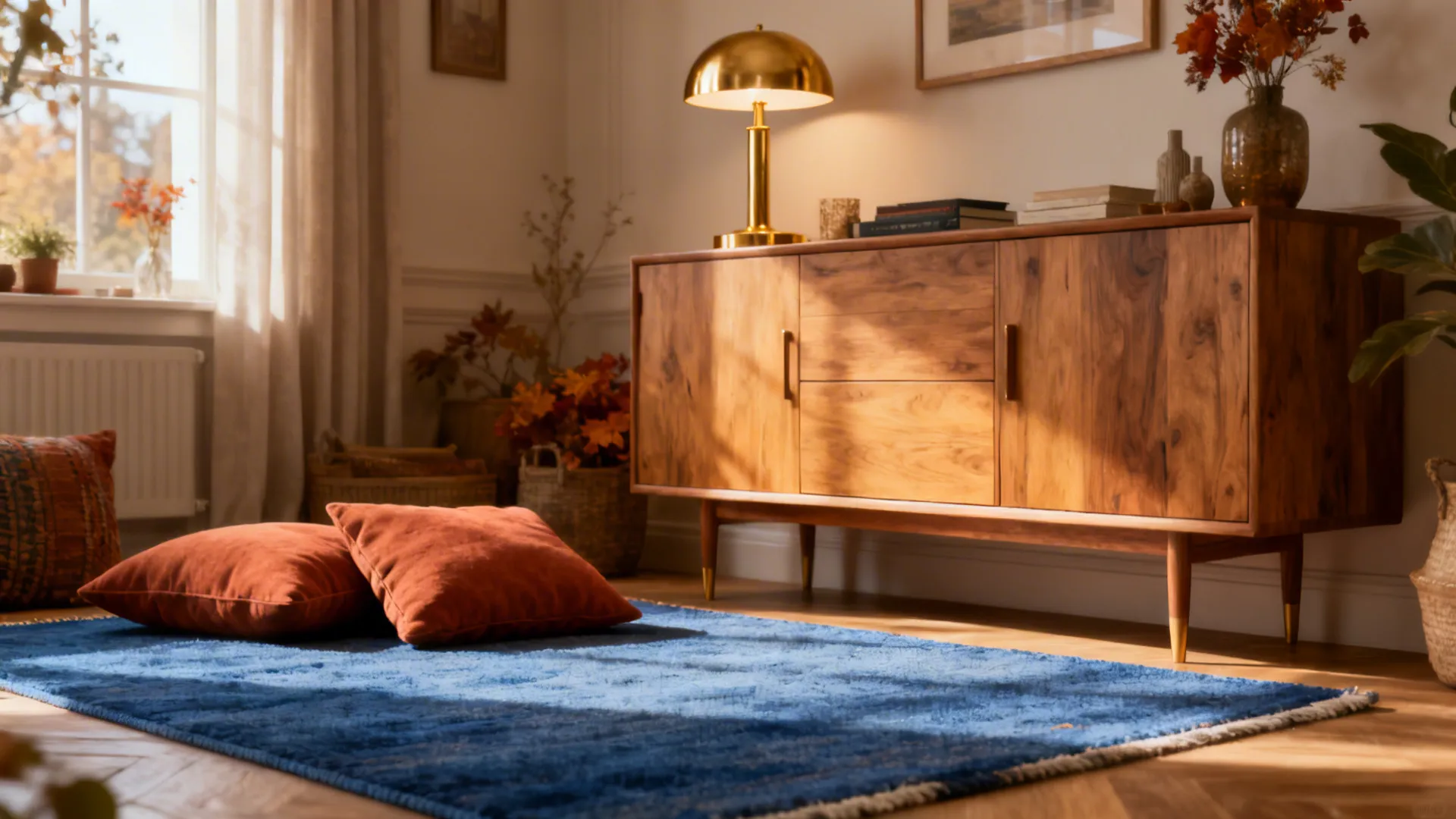Blue rug paired with terracotta pillows, brass lamp, and honey wood for cozy contrast