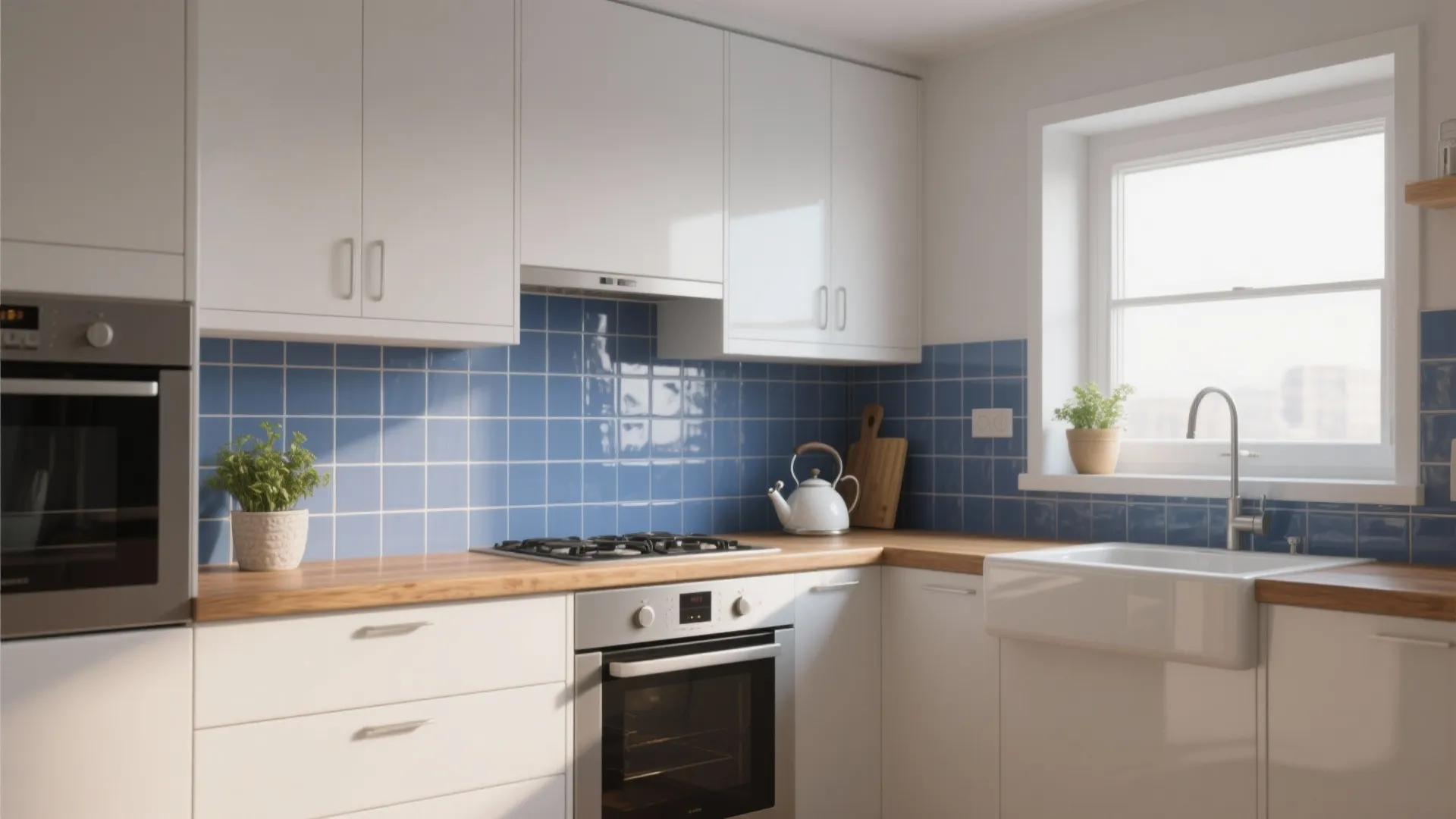 Bright kitchen with white cabinets blue wall tiles wooden countertop sink oven window and green plants