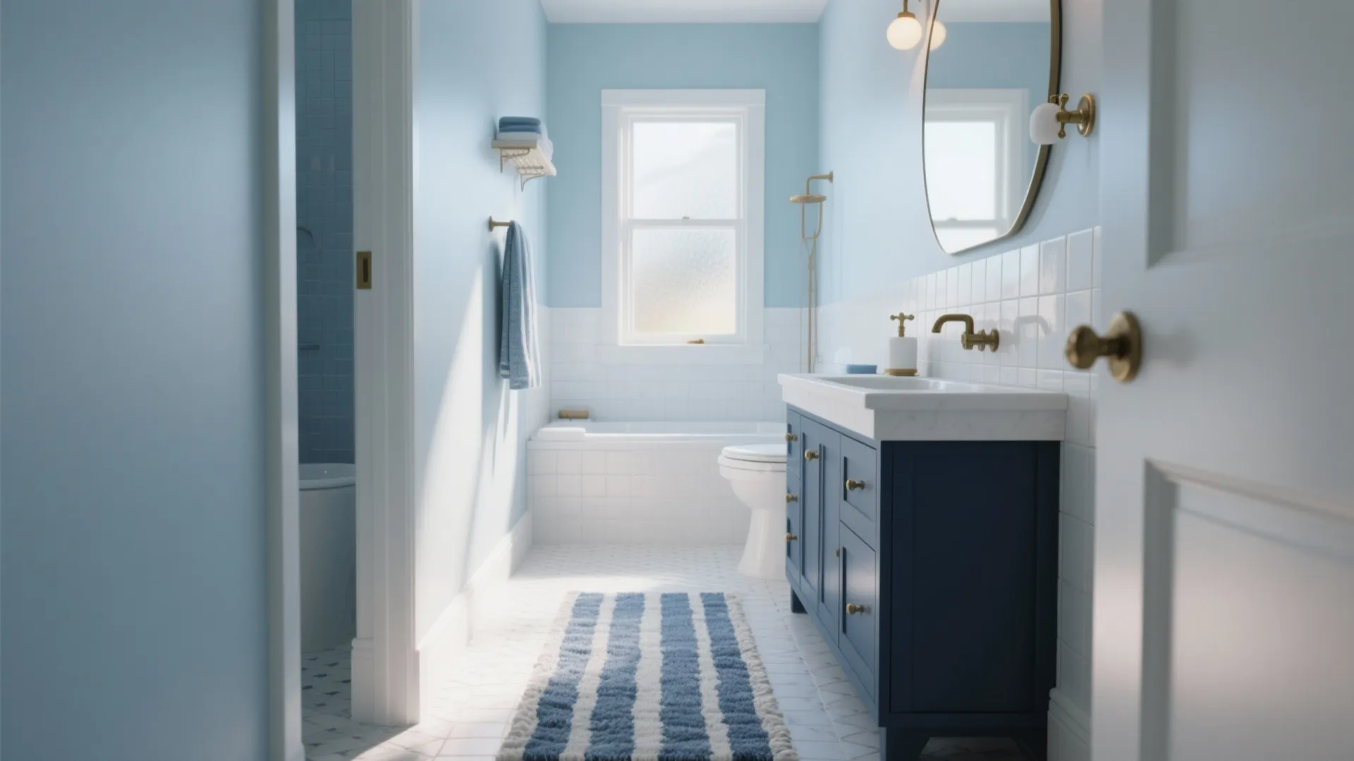 Modern blue and white bathroom with a long striped rug beside a dark blue sink cabinet