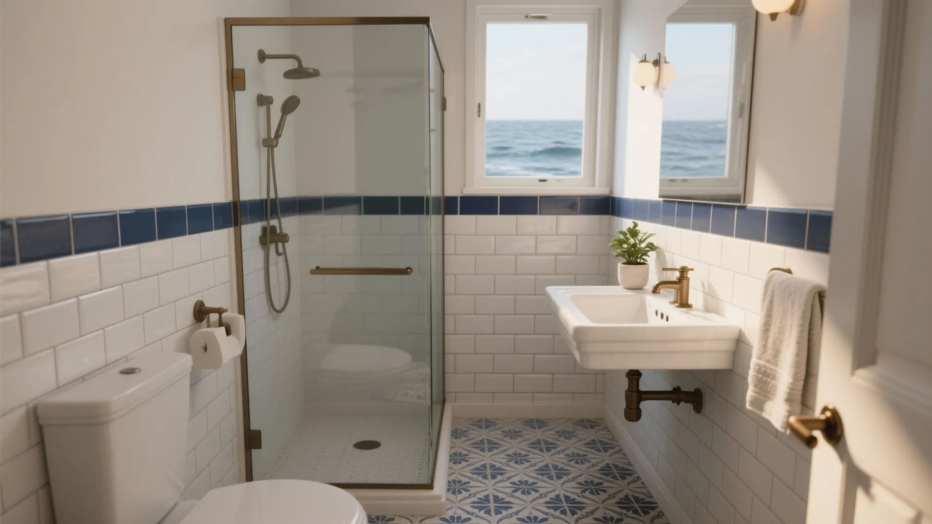 Coastal bathroom interior with white wall tiles blue patterns glass shower and ocean view window
