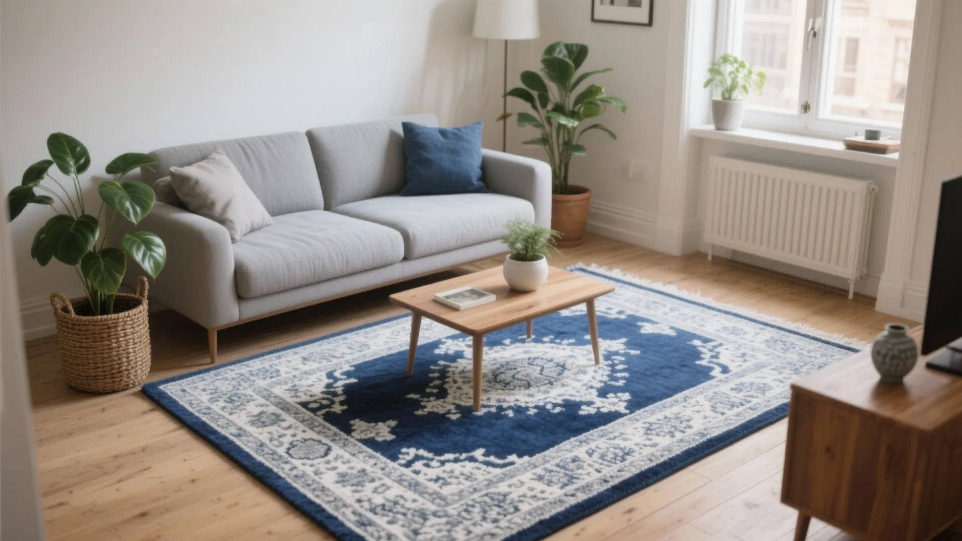 Modern living room featuring grey sofa blue patterned rug wooden coffee table and green plants