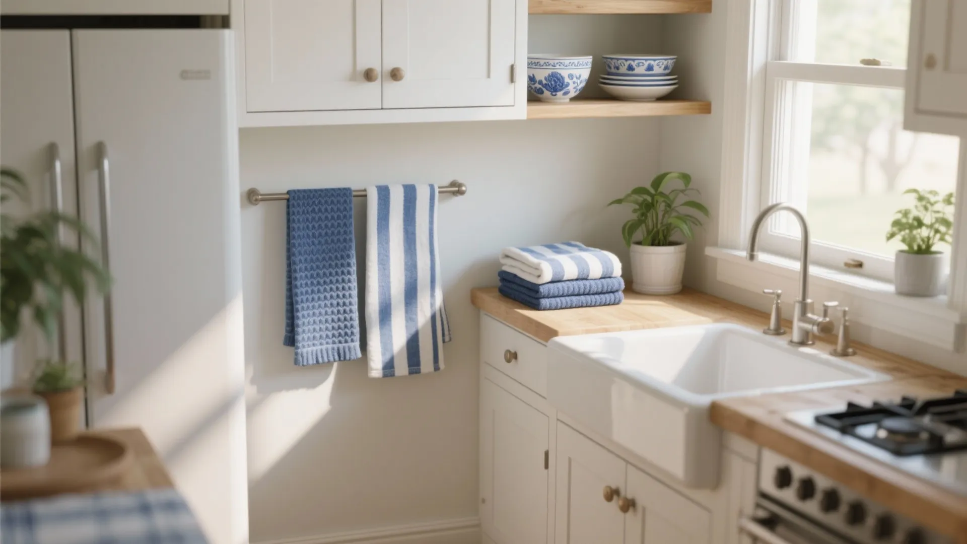 Bright kitchen with white cabinets wooden countertop white sink blue striped towels and potted plant