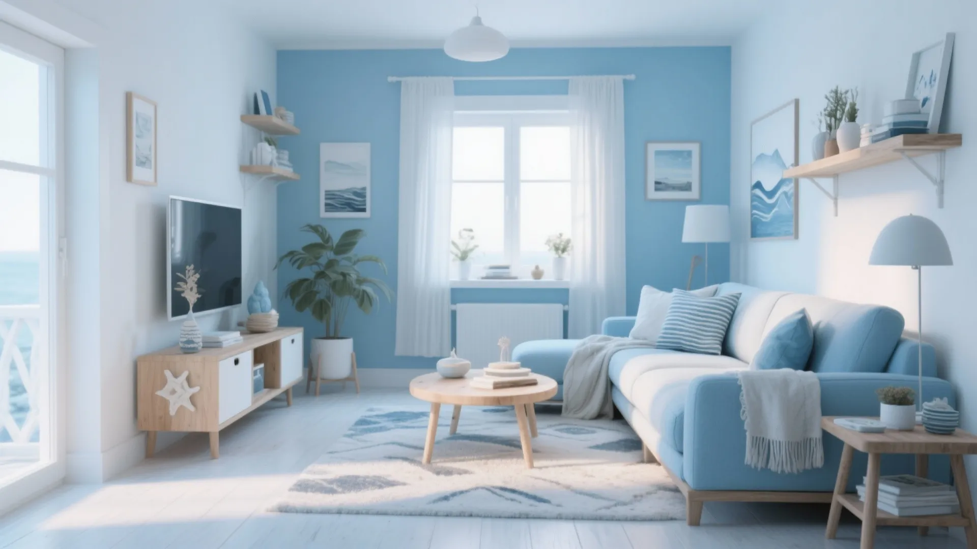 Modern blue living room with light blue sofa wood coffee table white curtains and natural light