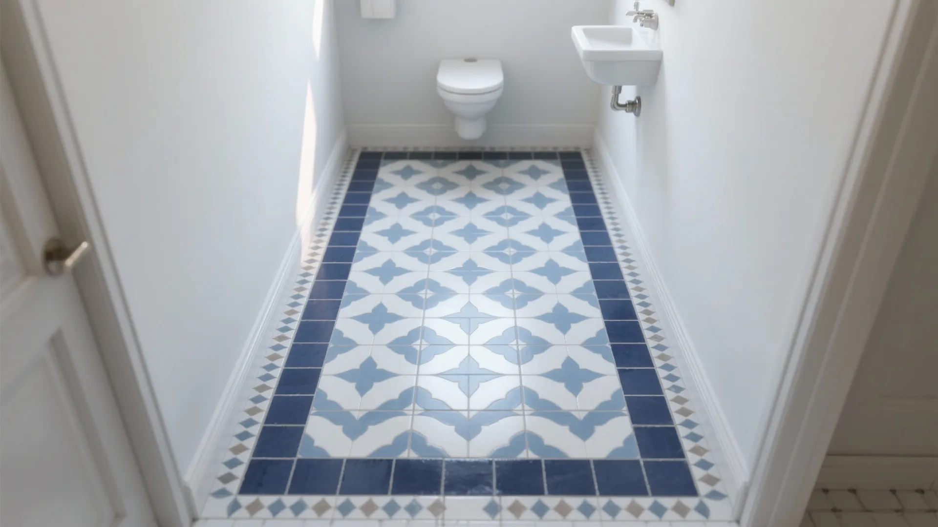 Two-tone blue and white patterned floor framed like a tile rug in a narrow bathroom.