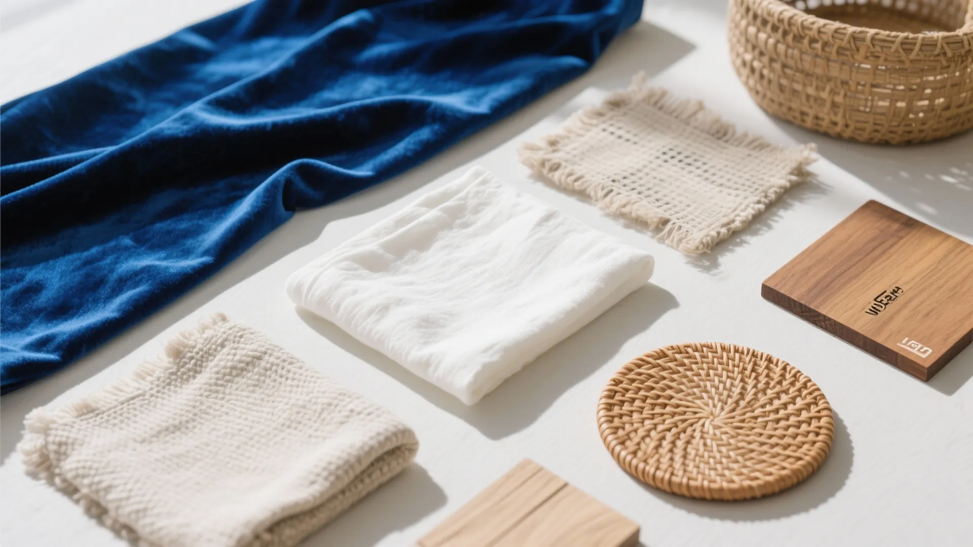 Interior design material board with blue velvet fabric white cloth wood samples and woven round coasters