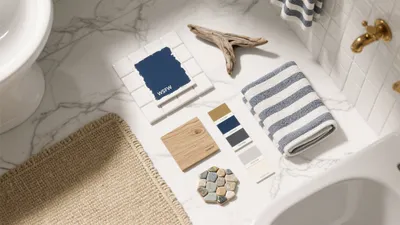 Coastal Bathroom Design with Blue and Neutral Tones