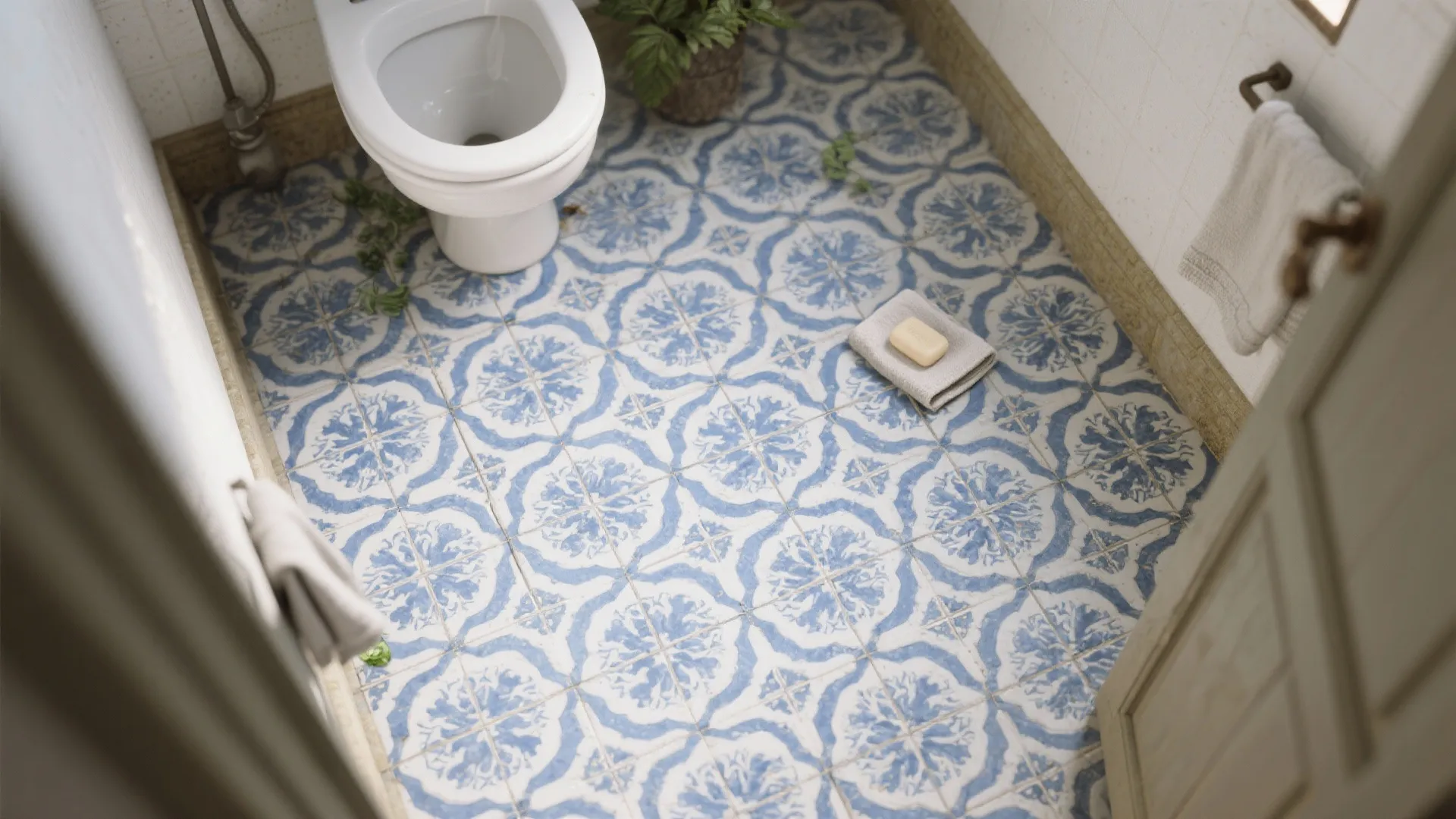 Top-down view of blue-and-white patterned floor tiles in a small bathroom