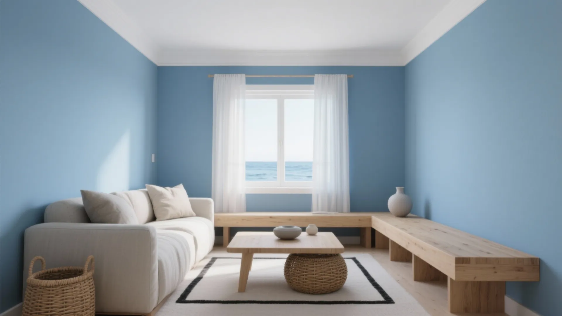 Sky blue + warm white + natural wood (airy coastal calm)