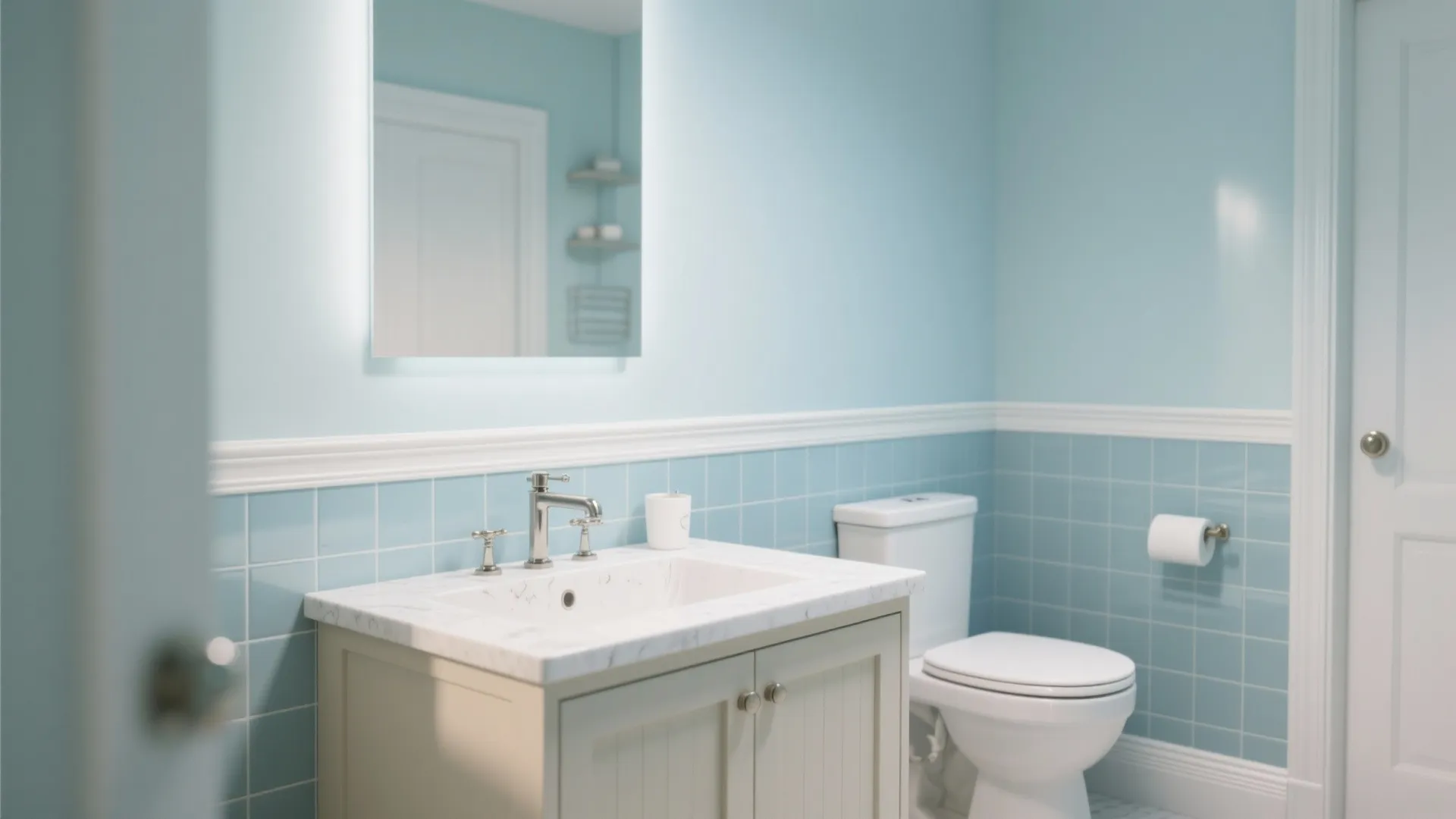 Blue bathroom with wall panel white cabinet white sink mirror white toilet and blue tiles