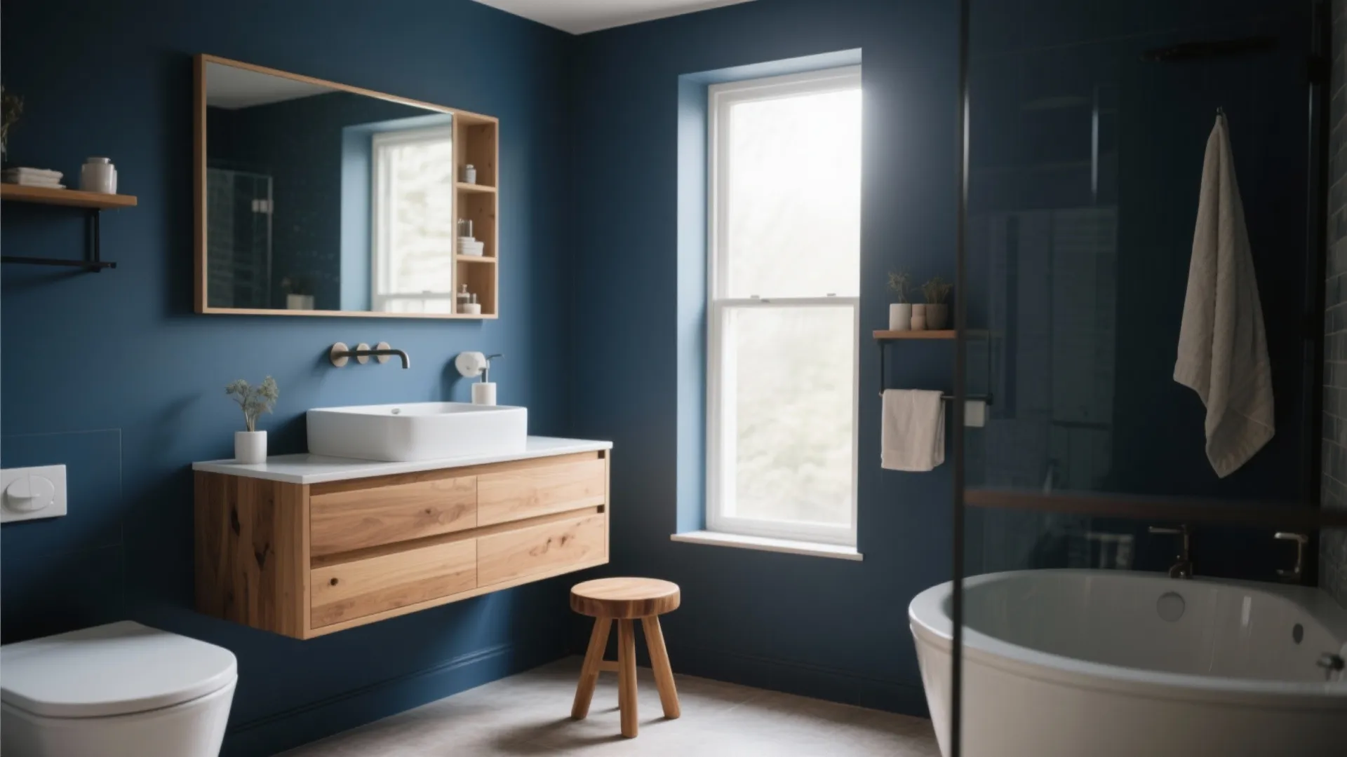 9. Mix Dark Blue with Natural Wood