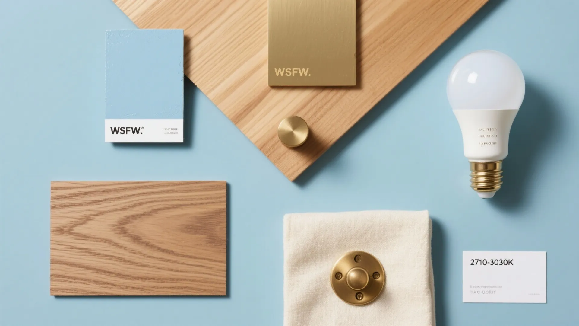 Soft Blue + Warm Wood + Brass