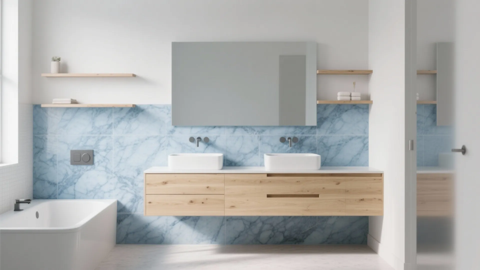 Blue marble backsplash with a light oak floating vanity and minimal open shelving.