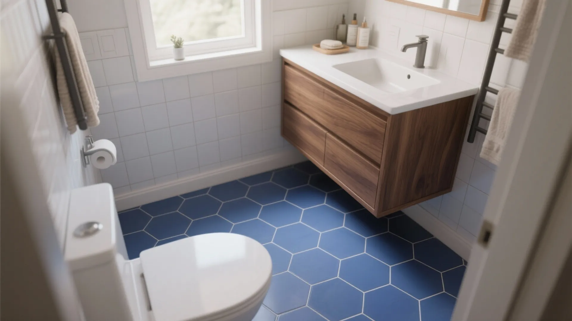 5. Mix Blue Tiles with Warm Wood Tones