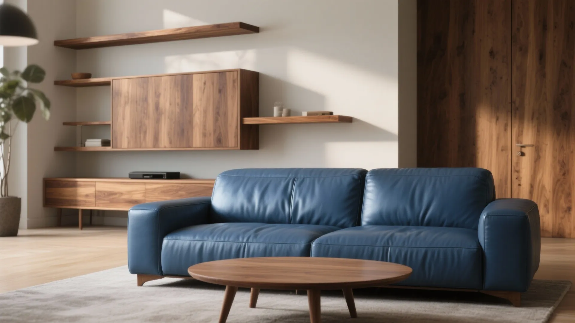 Blue leather sofa placed in a bright living room with wooden wall cabinet and table