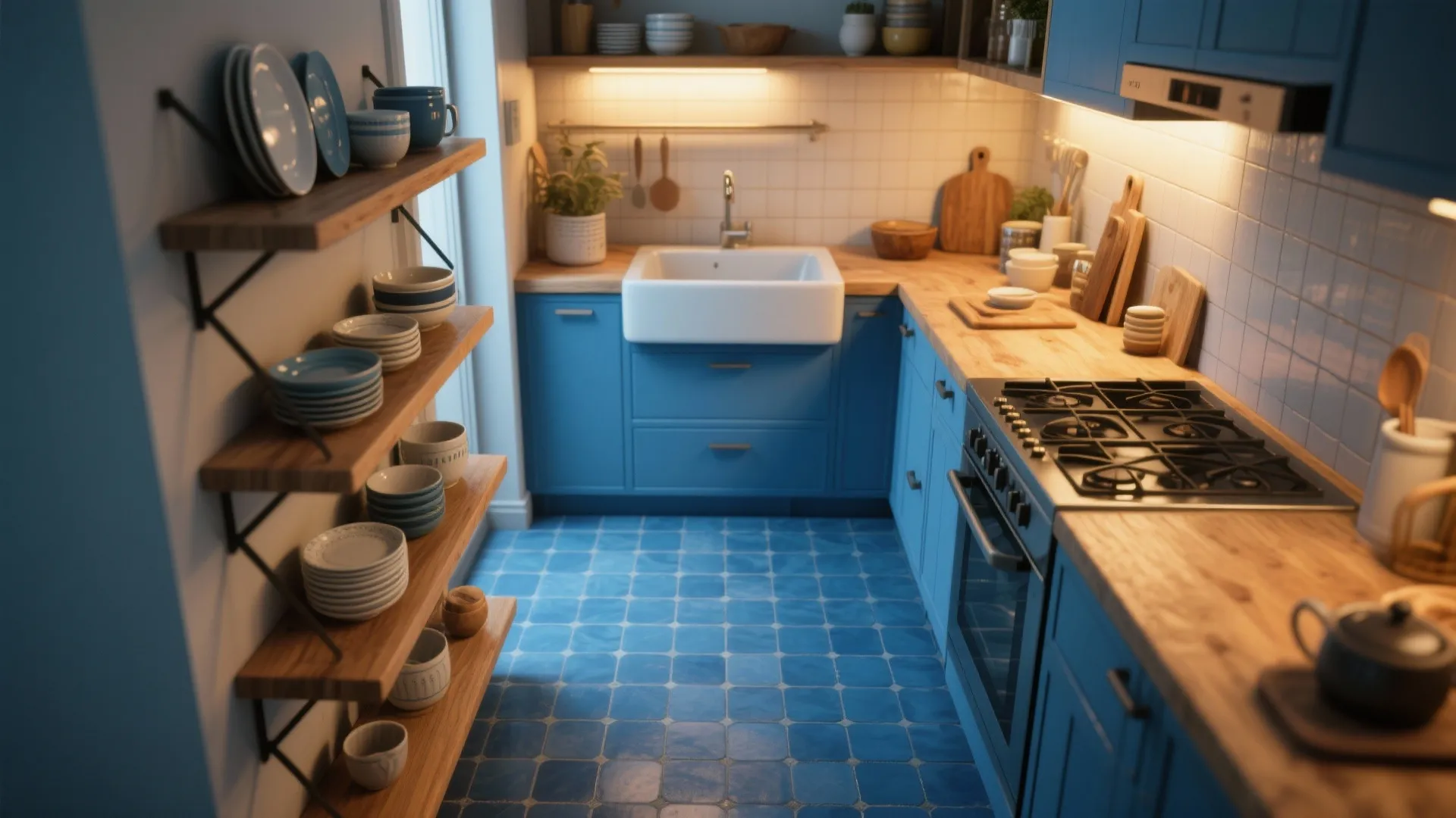 4. Mix blues with warm wood tones to add coziness