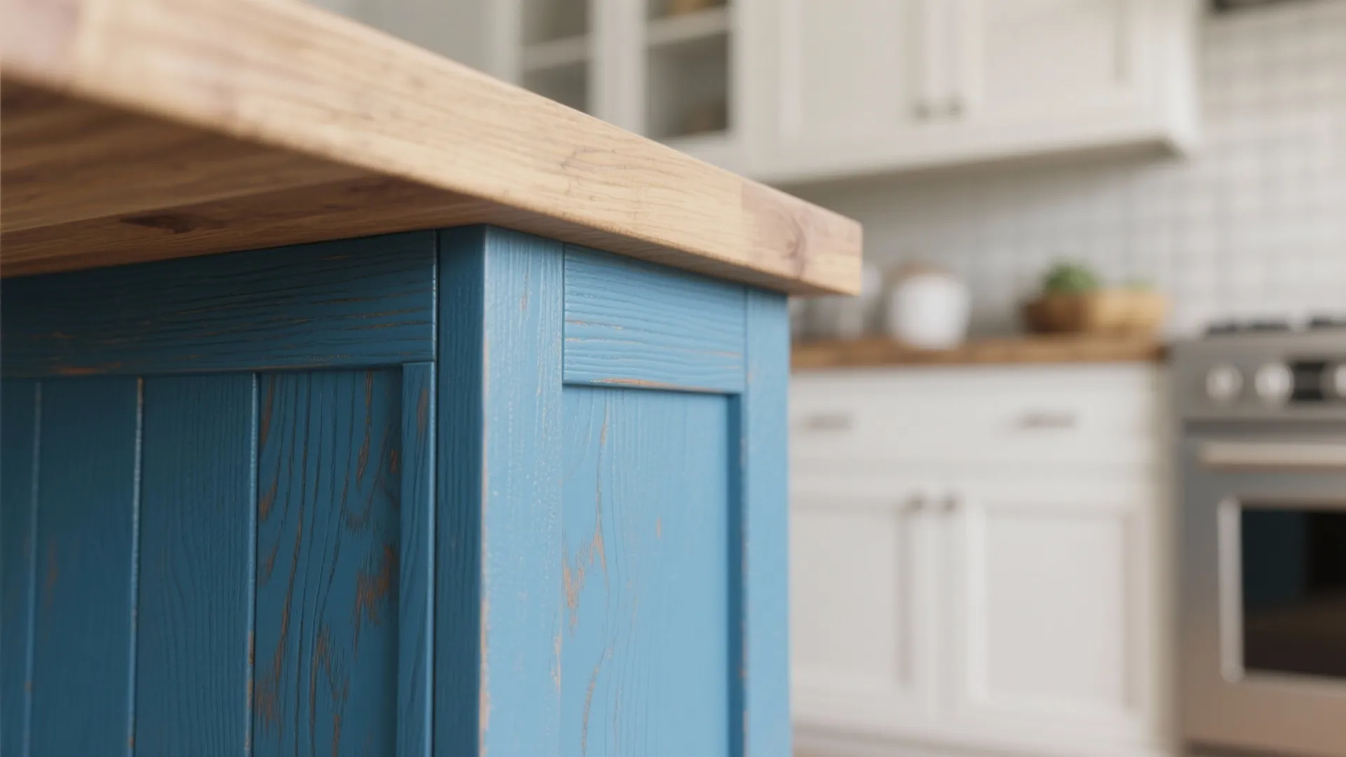 Close-up of a blue wooden kitchen island with light wood countertop and white cabinets background