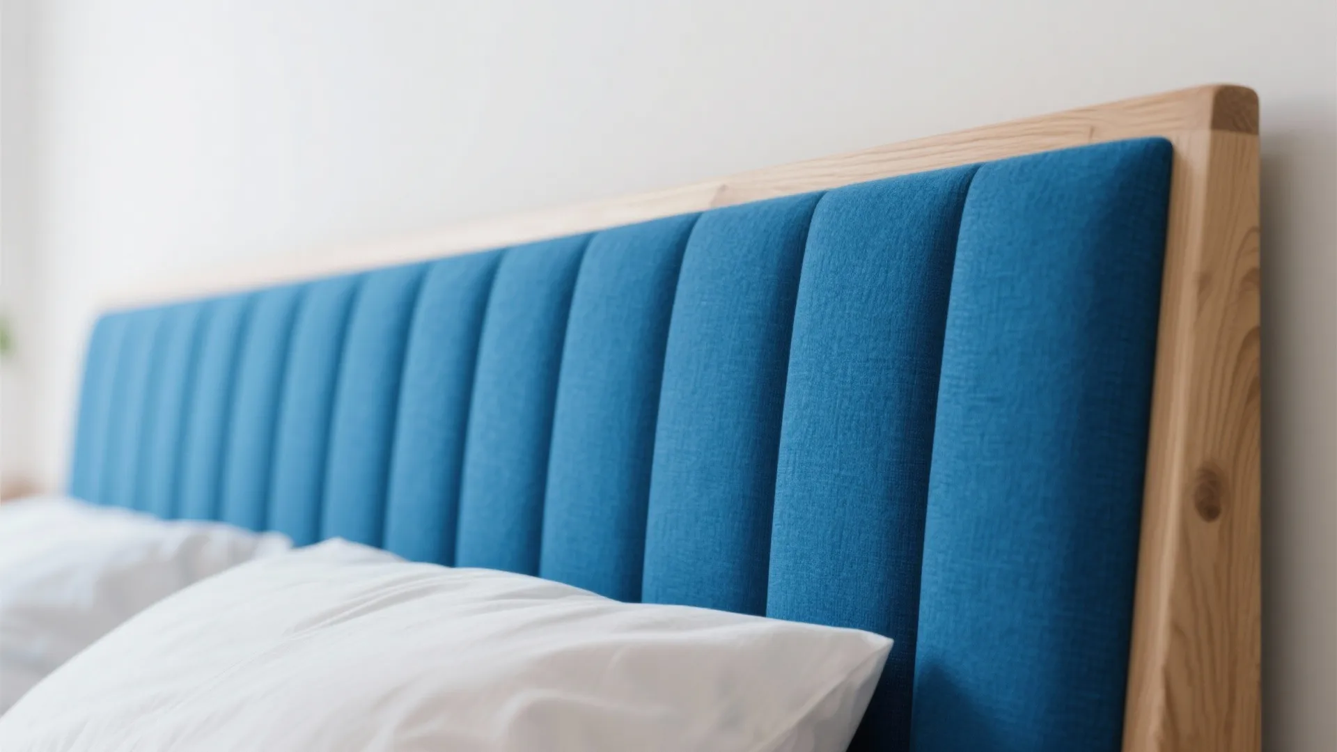 Macro of royal blue upholstery framed in light oak wood