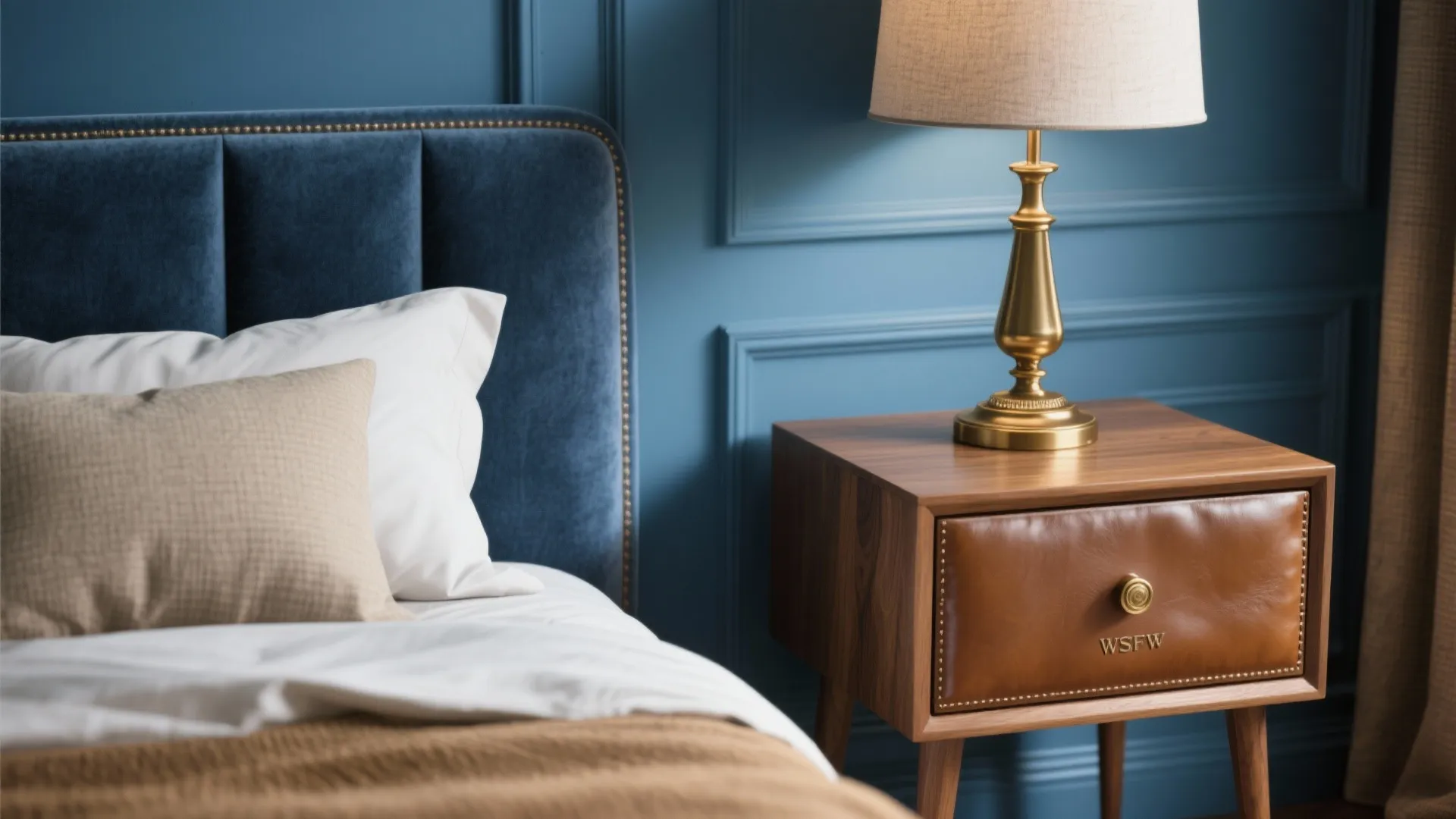 4. Blue + Warm Wood and Metallics: The Balanced Trio