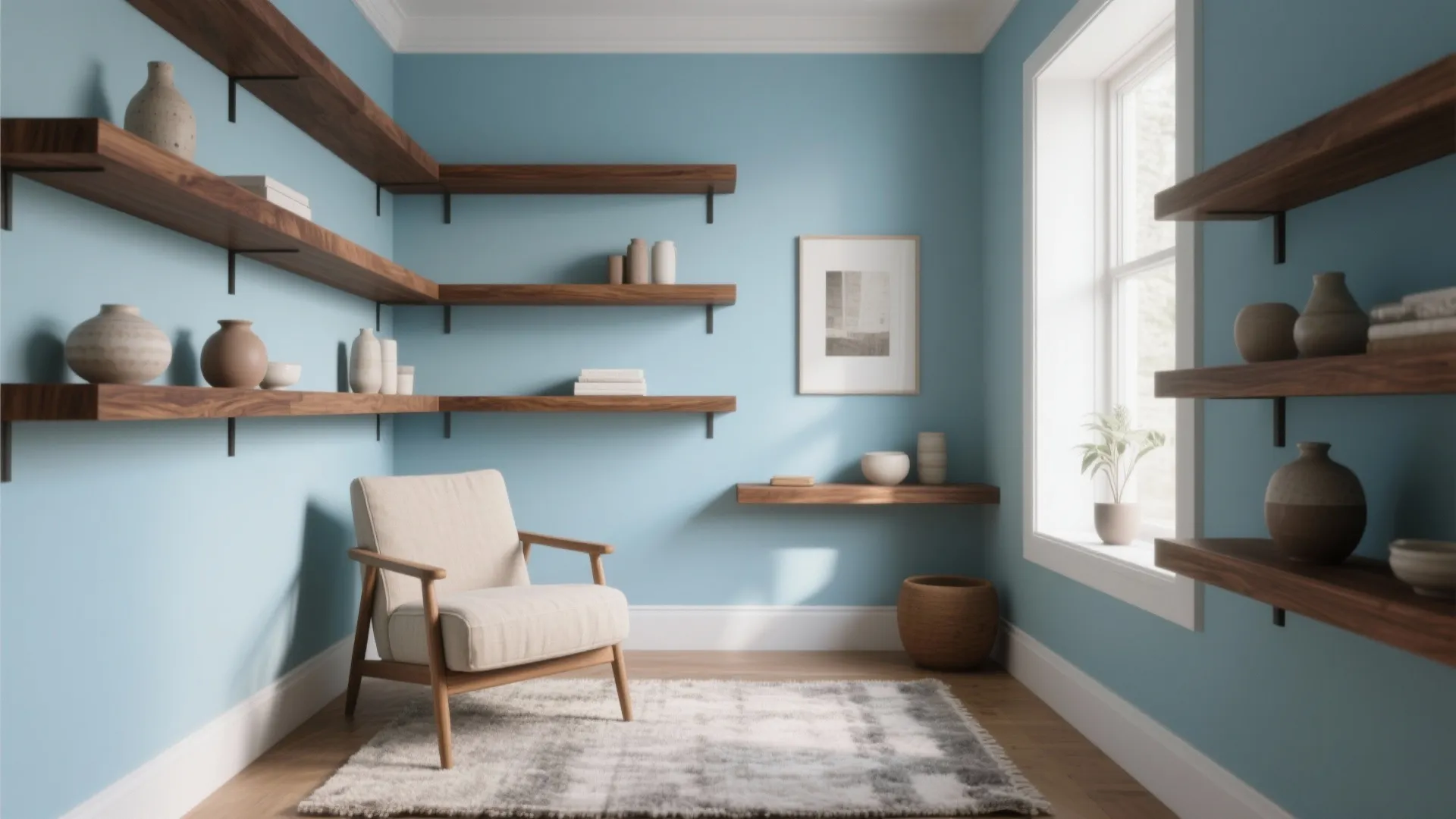 Sky blue with natural wood: warm minimalism that feels human