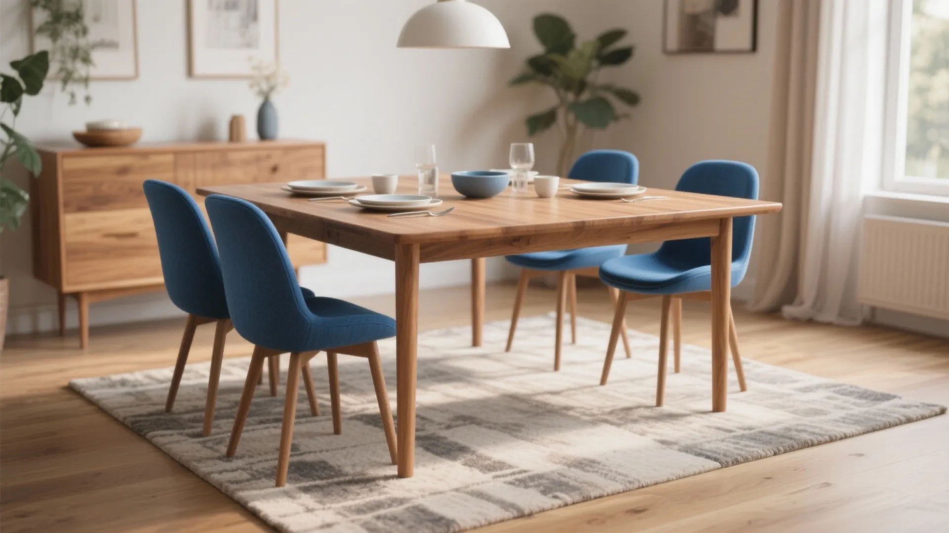 1. Pair blue chairs with a warm wood table