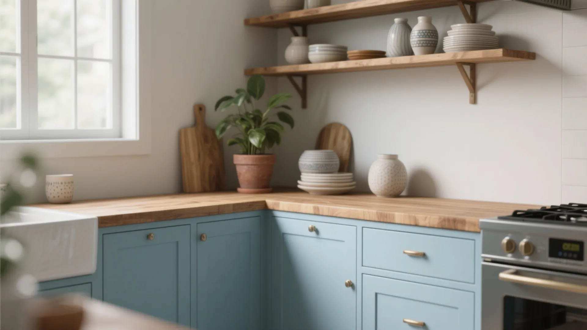 1. Pair powder blue with warm wood