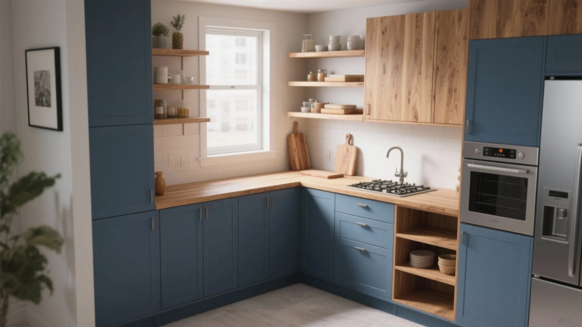 L shaped kitchen featuring blue cabinets wooden countertops open shelving gas stove and stainless steel oven