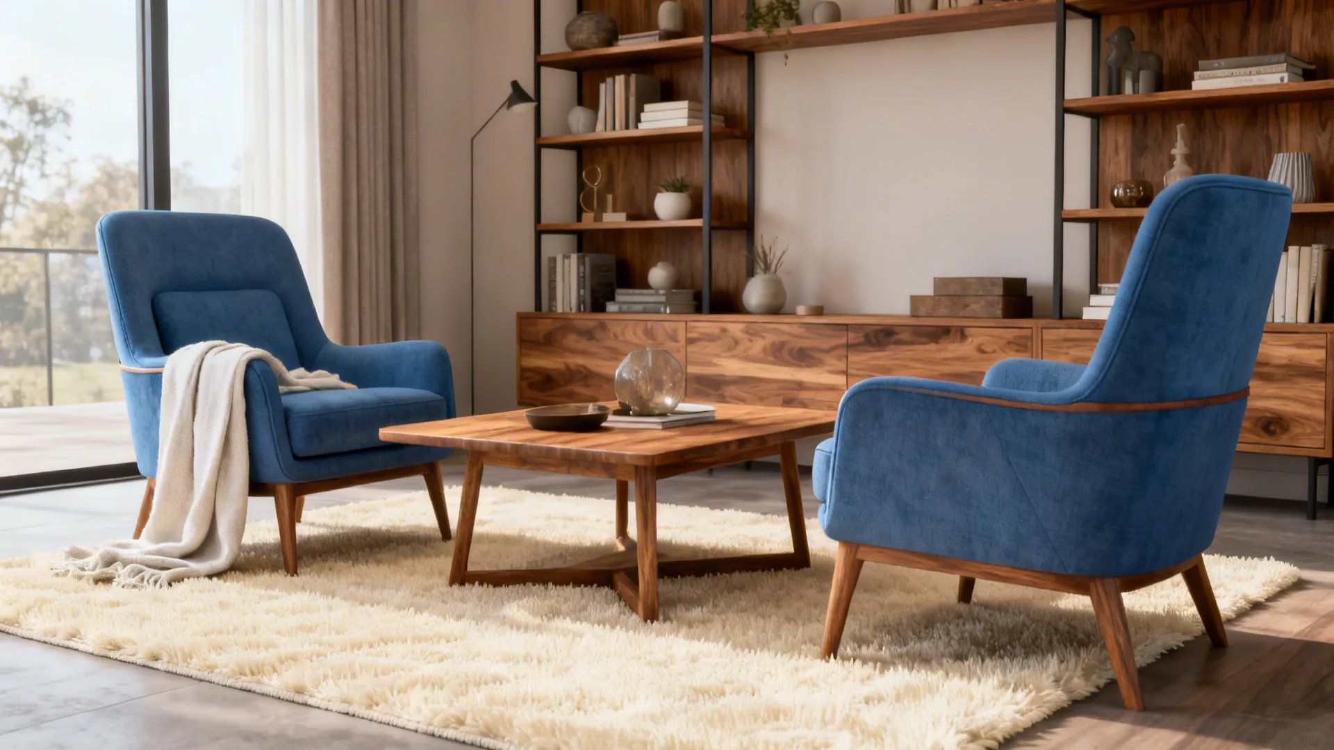 Blue accent chairs paired with warm mid-tone wood furniture and a light rug