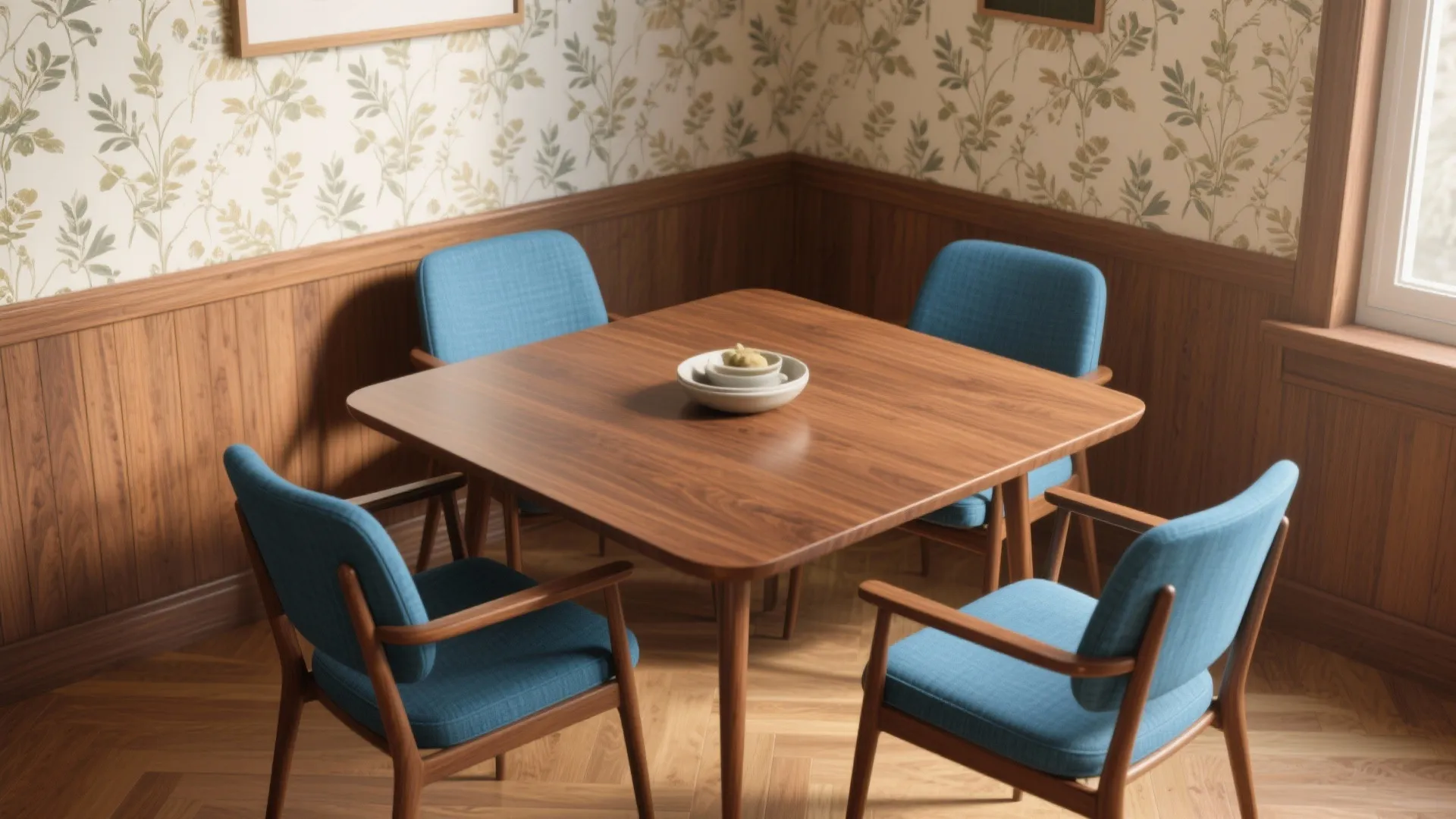 5. Pairing Blue Chairs with Pattern and Wood