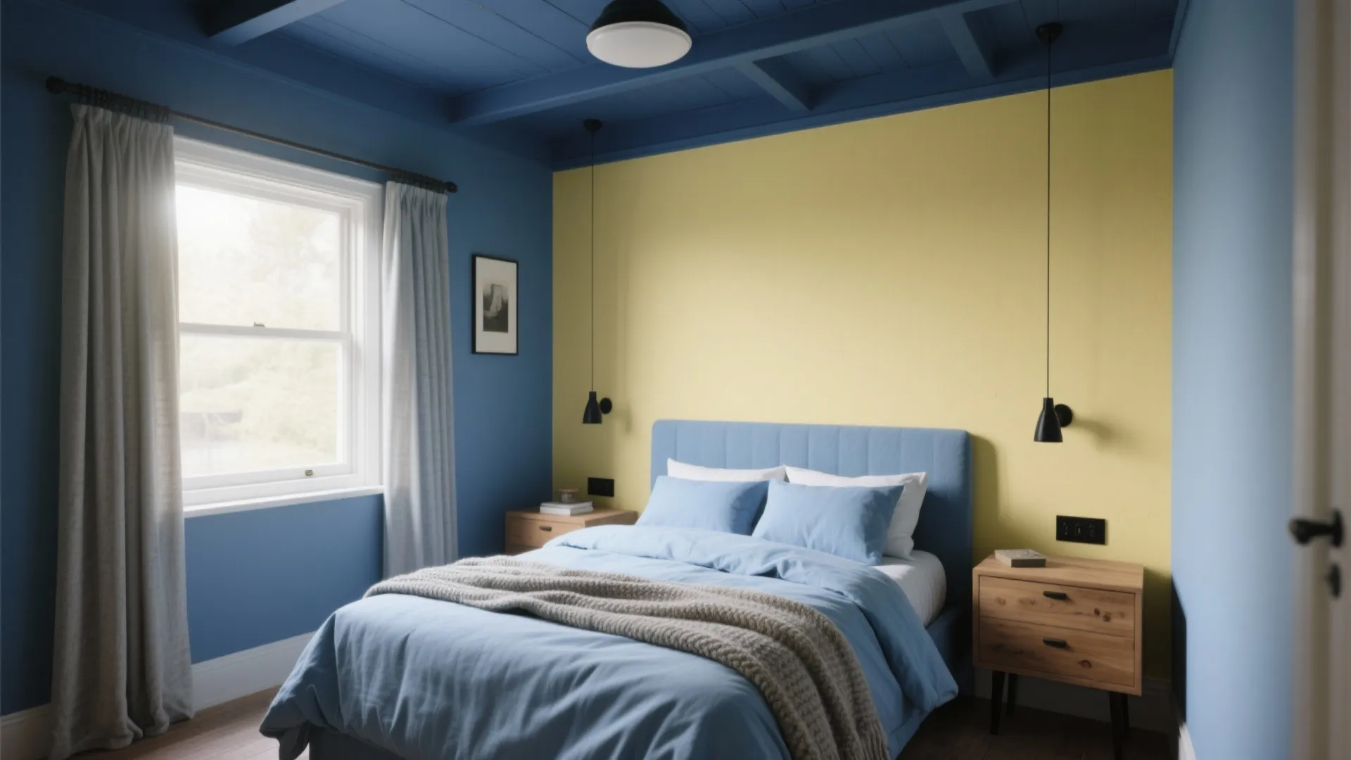 Modern bedroom with blue walls yellow accent wall blue bed wooden nightstands and white curtains