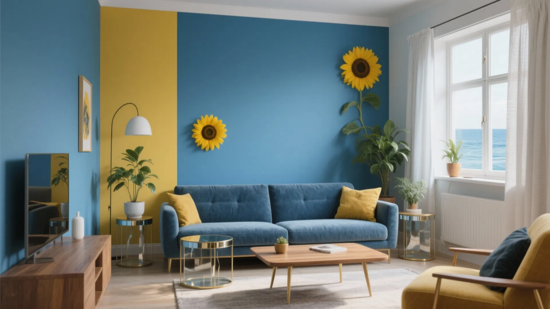 Blue and yellow living room with blue sofa wooden table tv cabinet and sunflower wall decor