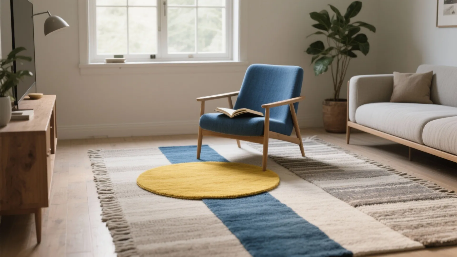 Blue chair on a striped rug with a yellow circle in a bright living room