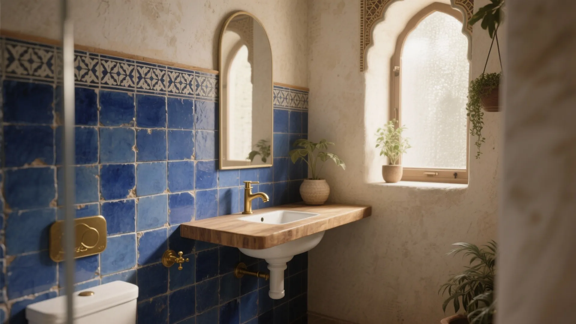 Modern bathroom with blue wall tiles wooden sink counter gold water tap and arched wall window