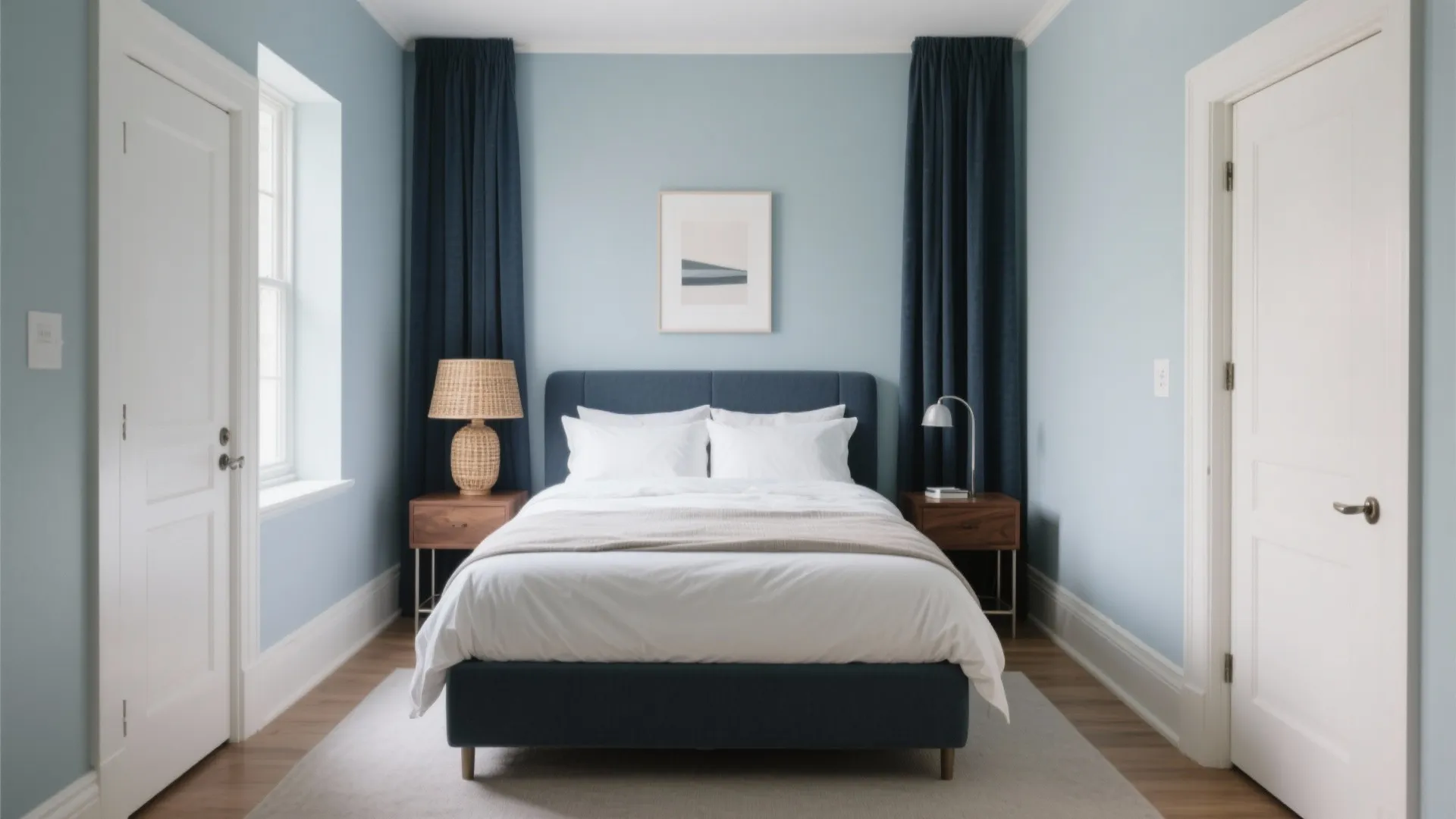 Modern blue bedroom with white bedding dark blue curtains wooden bedside tables and simple wall art