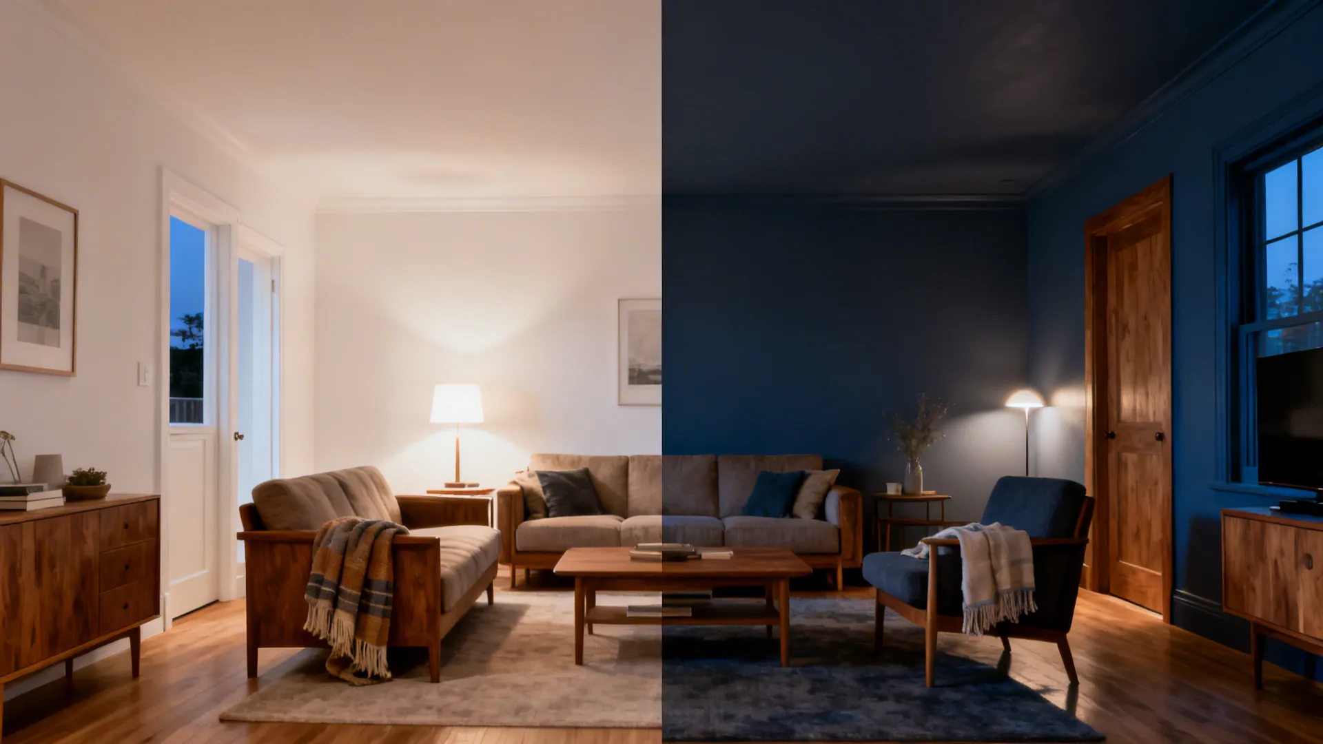 Split view of a living room before and after blue-gray paint shows added depth and cohesion.
