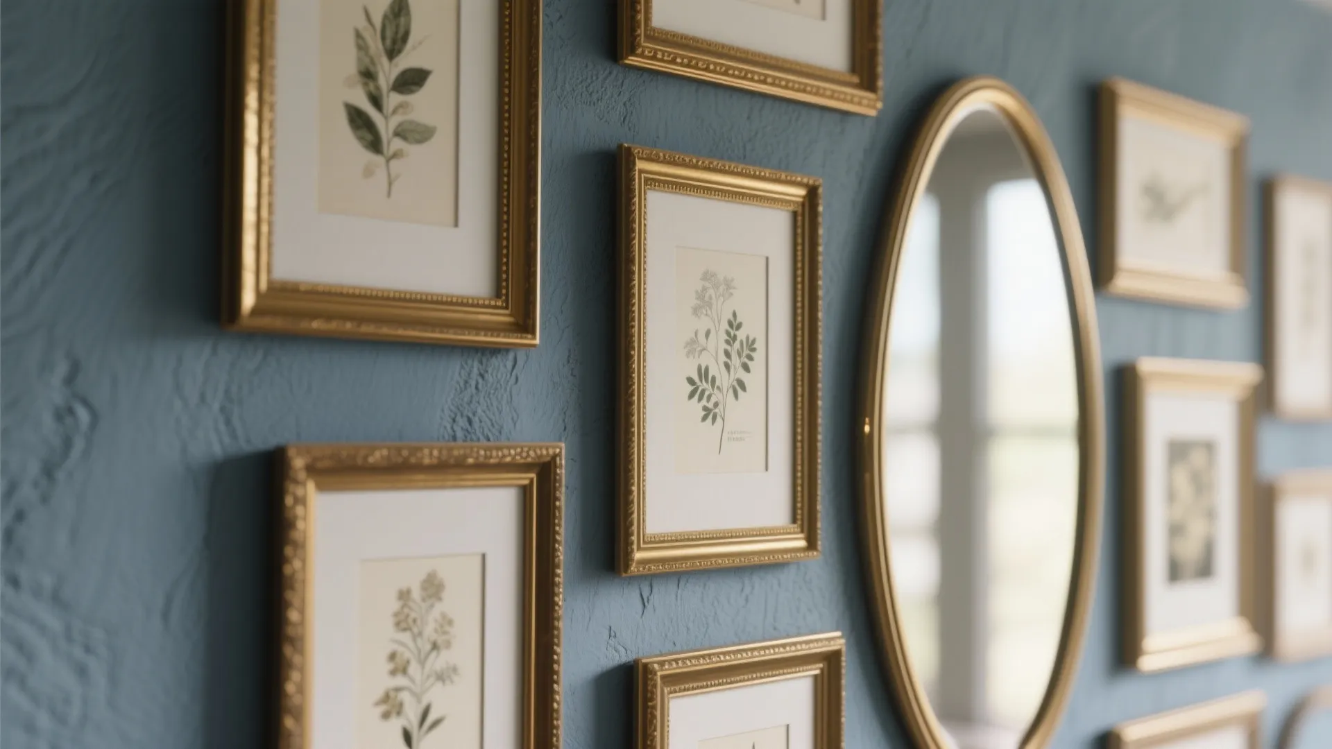 Idea 4: Blue-gray base, antique gold frames, and a light-bouncing mirror