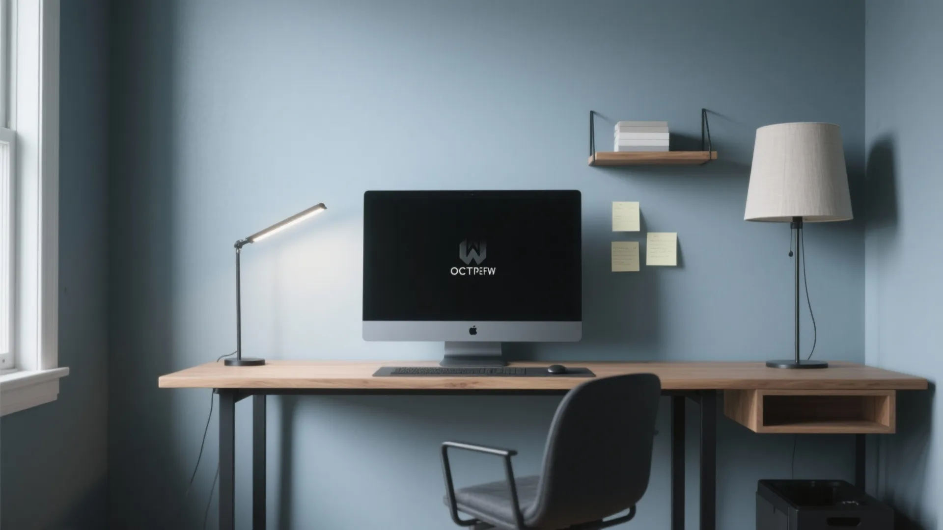 Modern home office with blue walls, wooden desk, computer, black chair, and two desk lamps