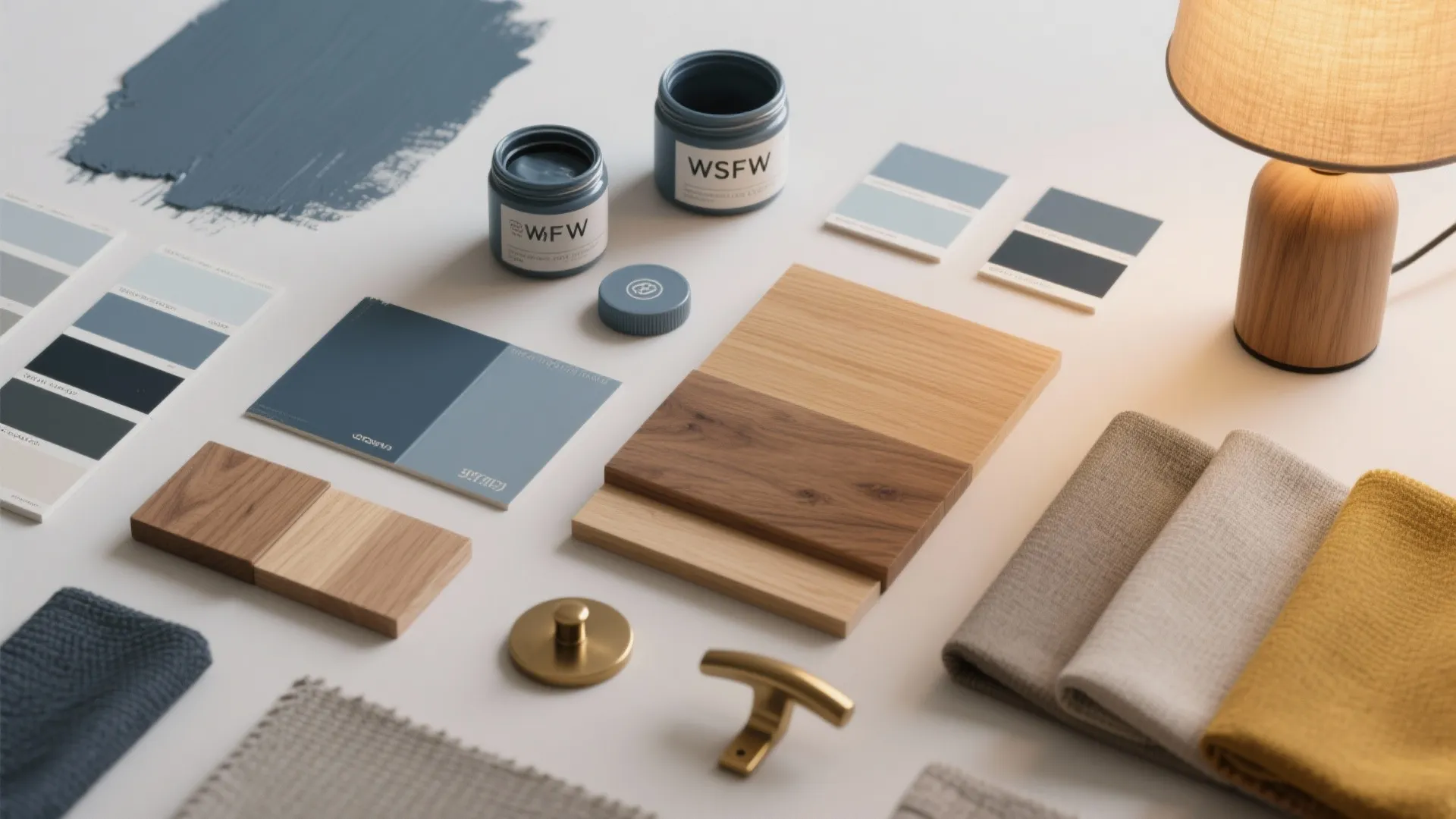 Interior design material board with blue paint jars wood samples fabric swatches and table lamp
