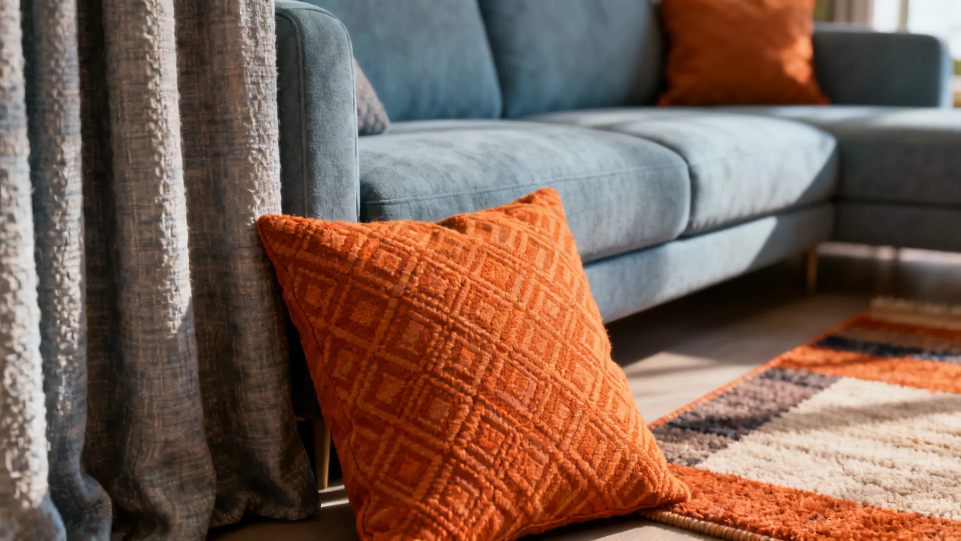 Close-up of soft blue-gray sofa with orange patterned cushions and textured rug