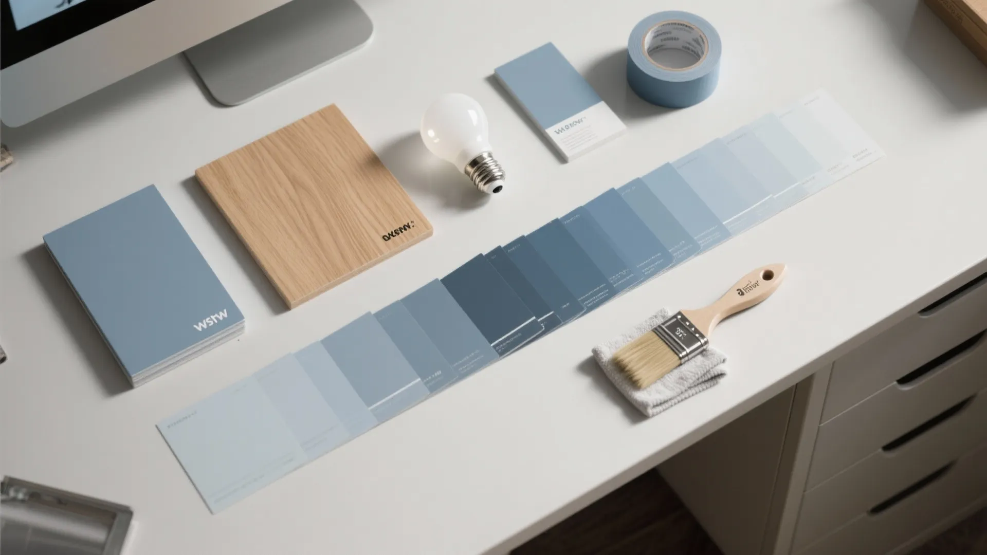 Top view of blue paint swatches, wooden board, light bulb, and paintbrush on white desk
