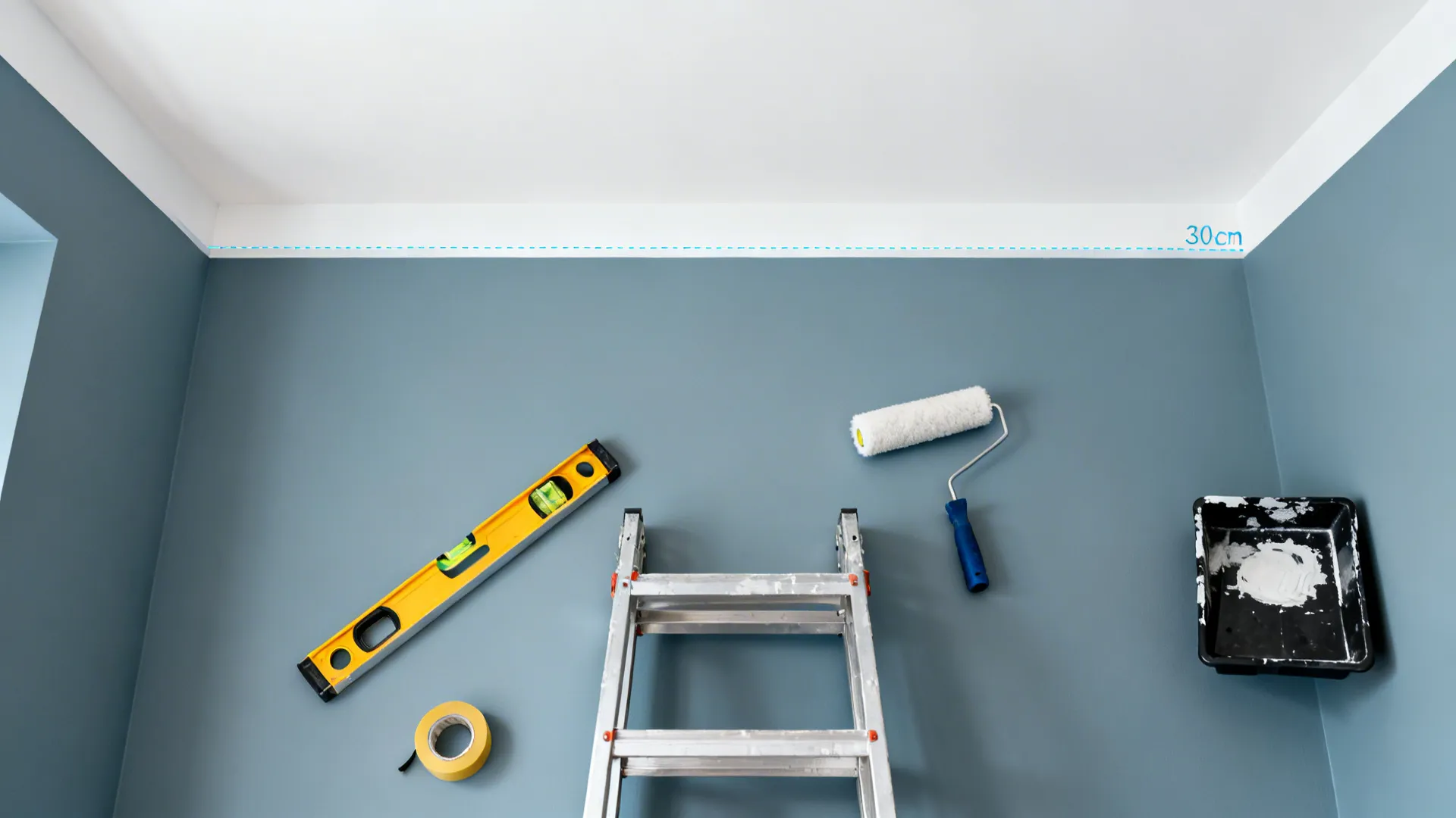 Blue wall painting process with silver ladder paint roller level tool and white paint tray