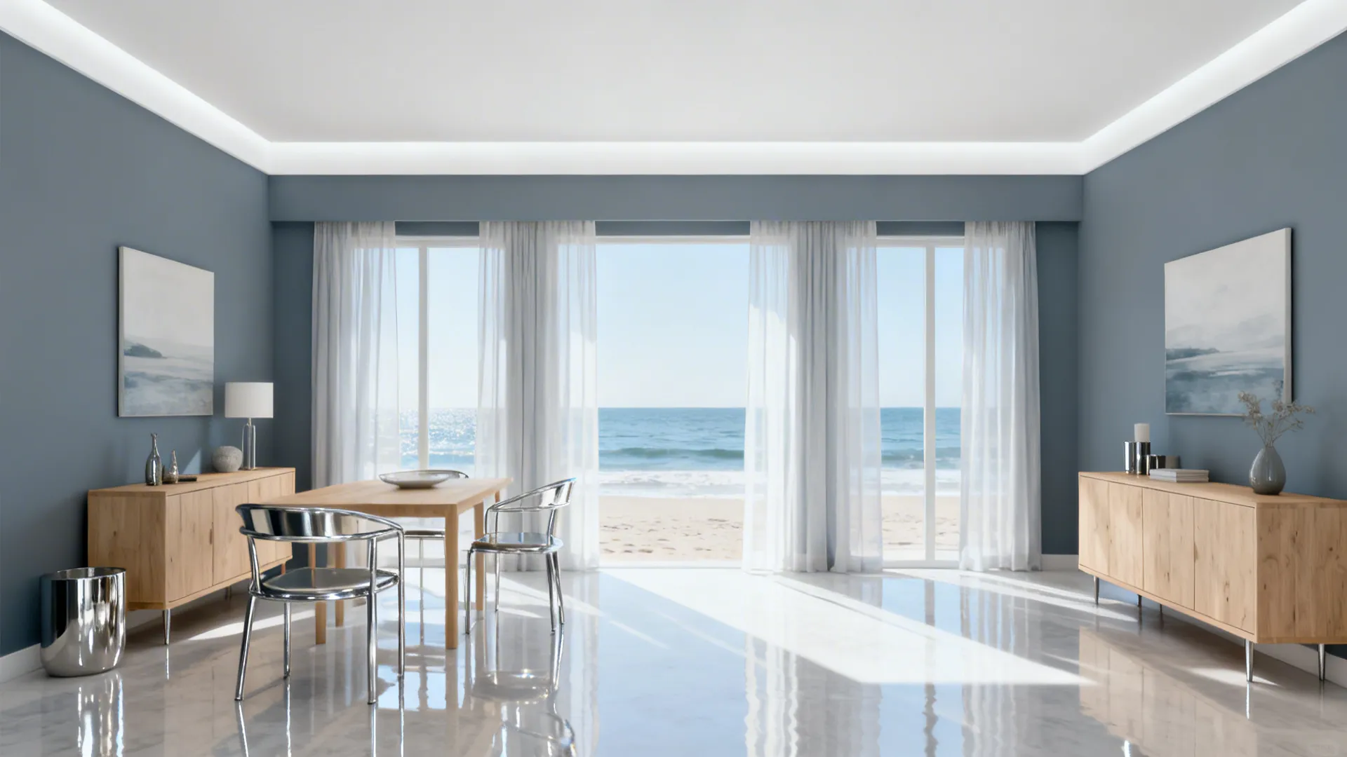 Modern dining room with blue gray walls wooden cabinets wooden table metal chairs and view
