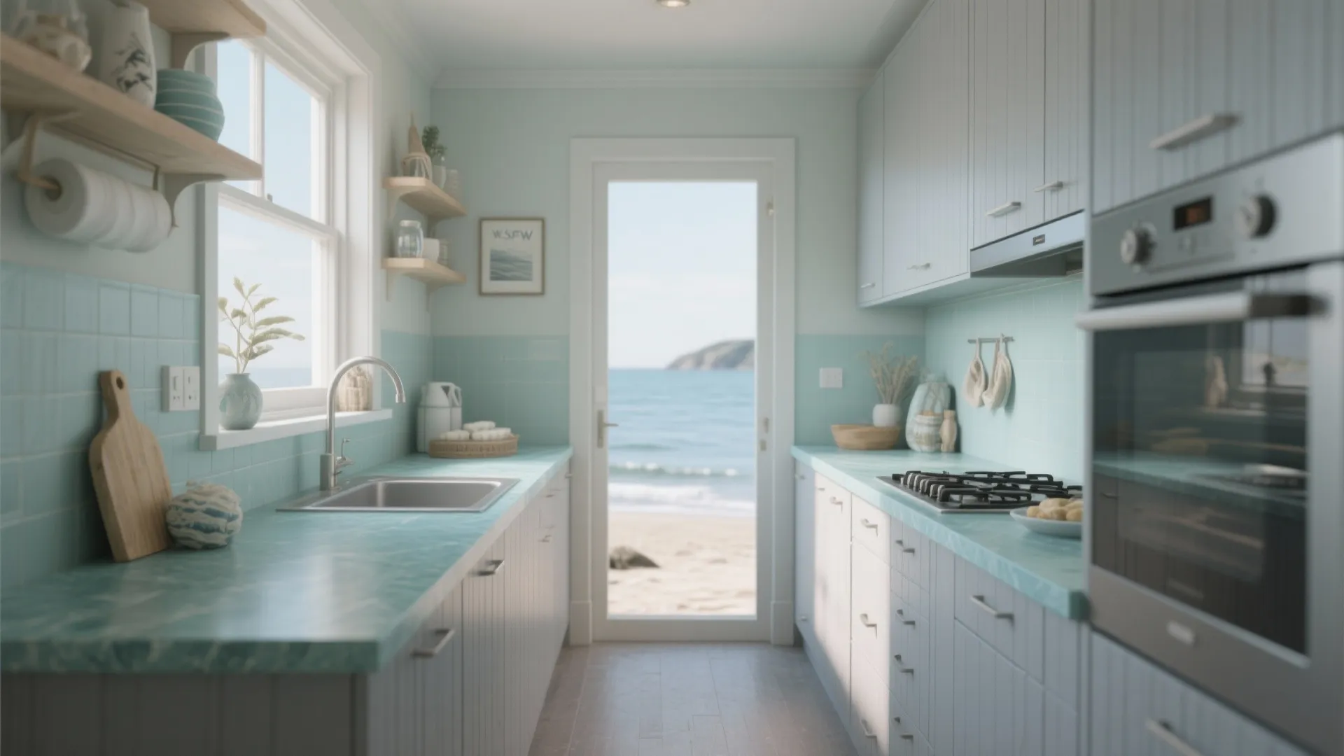 Muted blue-green Formica countertop with pale gray cabinets in a calm small kitchen.