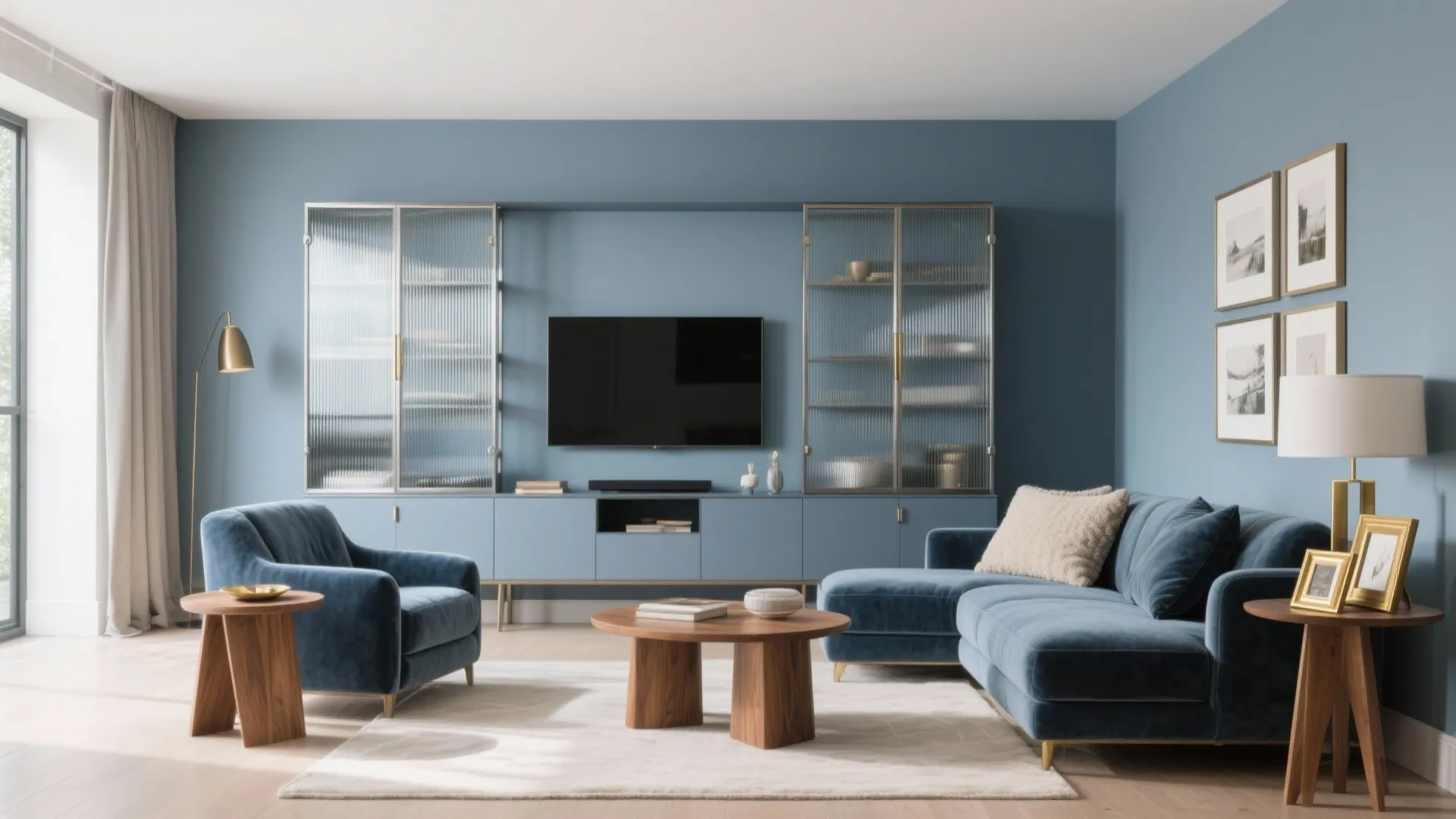 Blue-Grey + Brushed Metal and Ribbed Glass